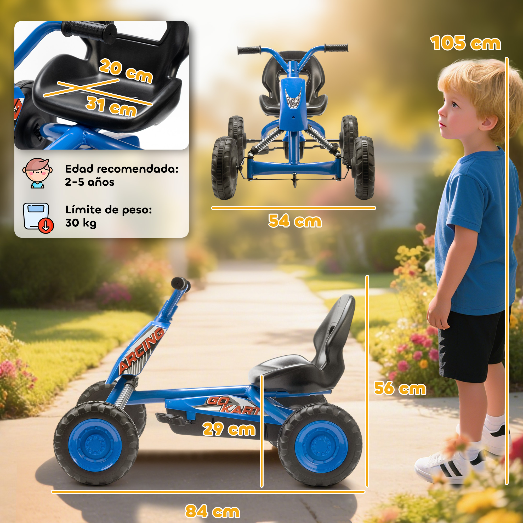 Go-kart azul con niño, se muestran las dimensiones. Recomendado para 2-5 años, 30 kg.