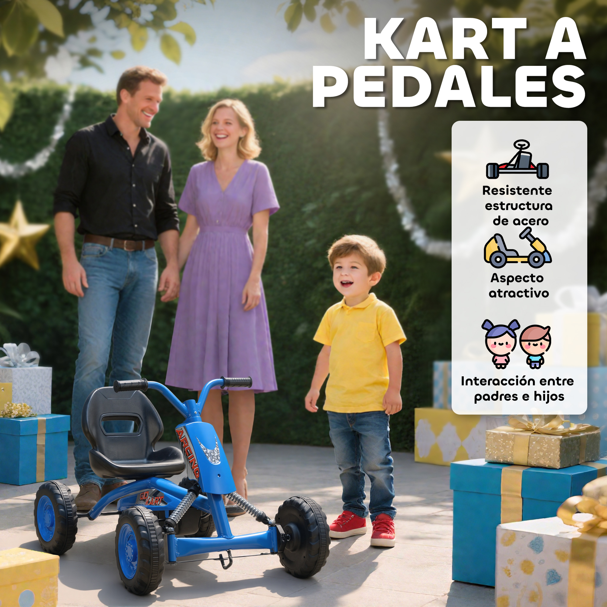 Familia con un go-kart azul al aire libre, regalos al fondo.