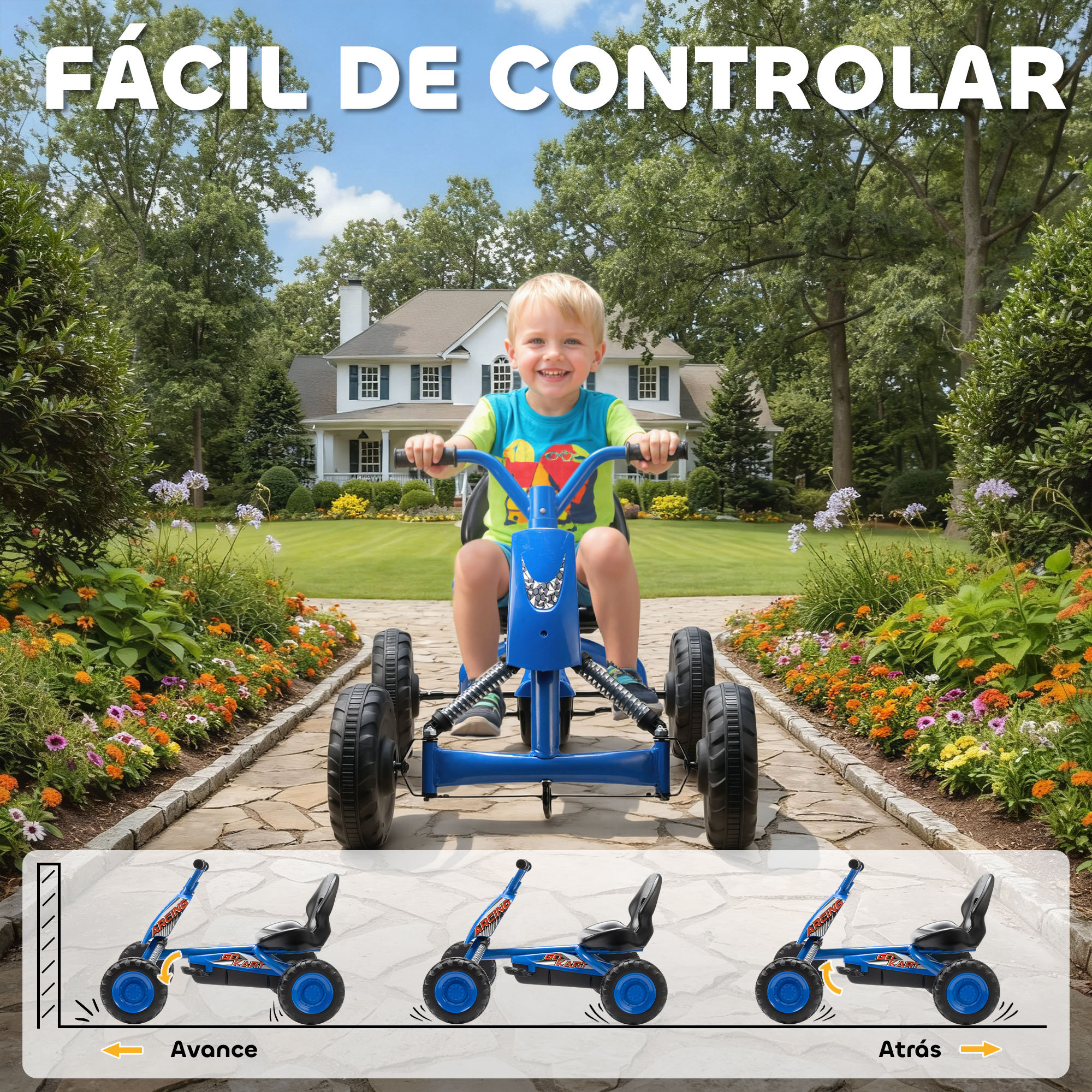 Un niño monta un go-kart azul en una pasarela con flores y una casa al fondo.