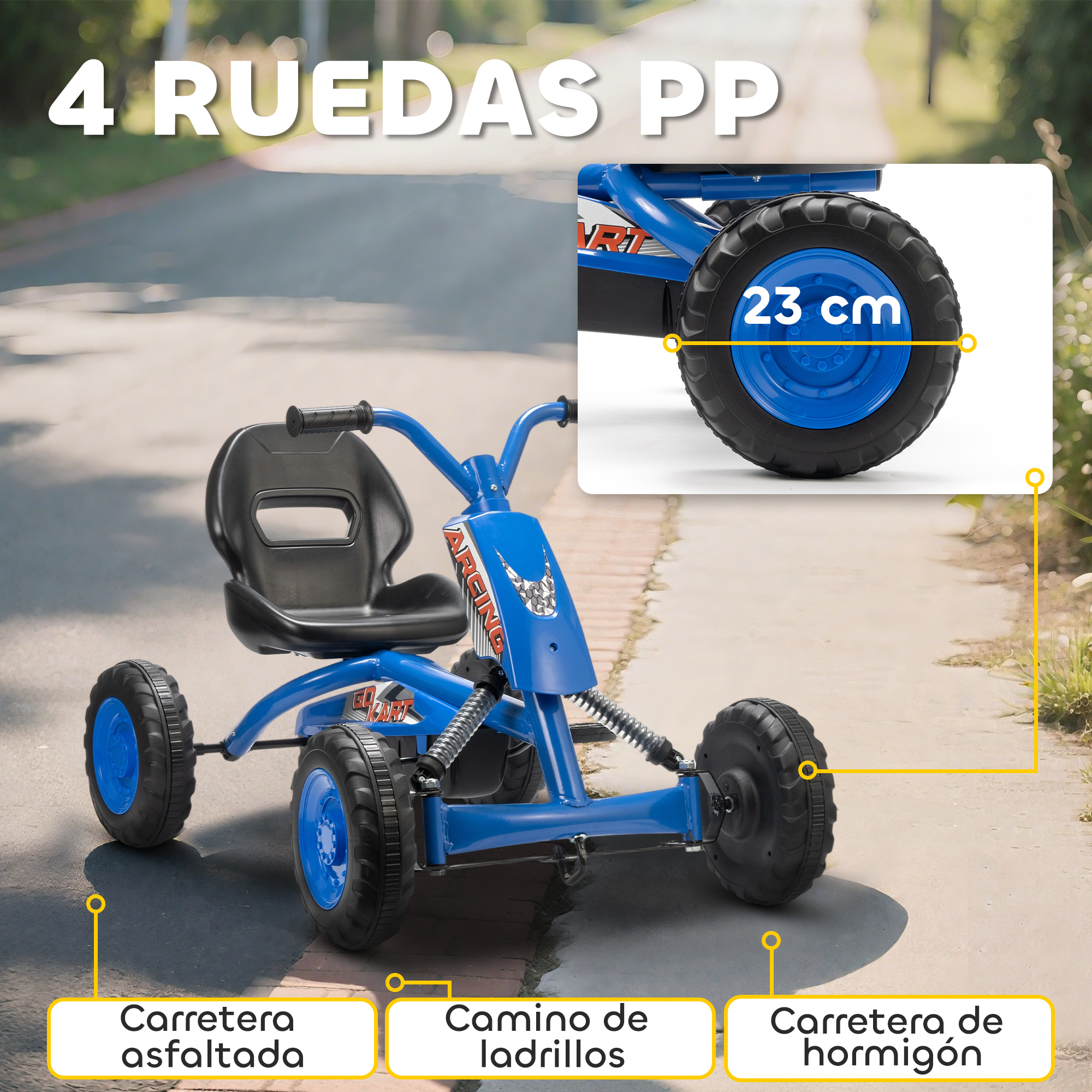 Un kart azul con ruedas negras está en un camino. Tamaño de rueda: 23 cm.
