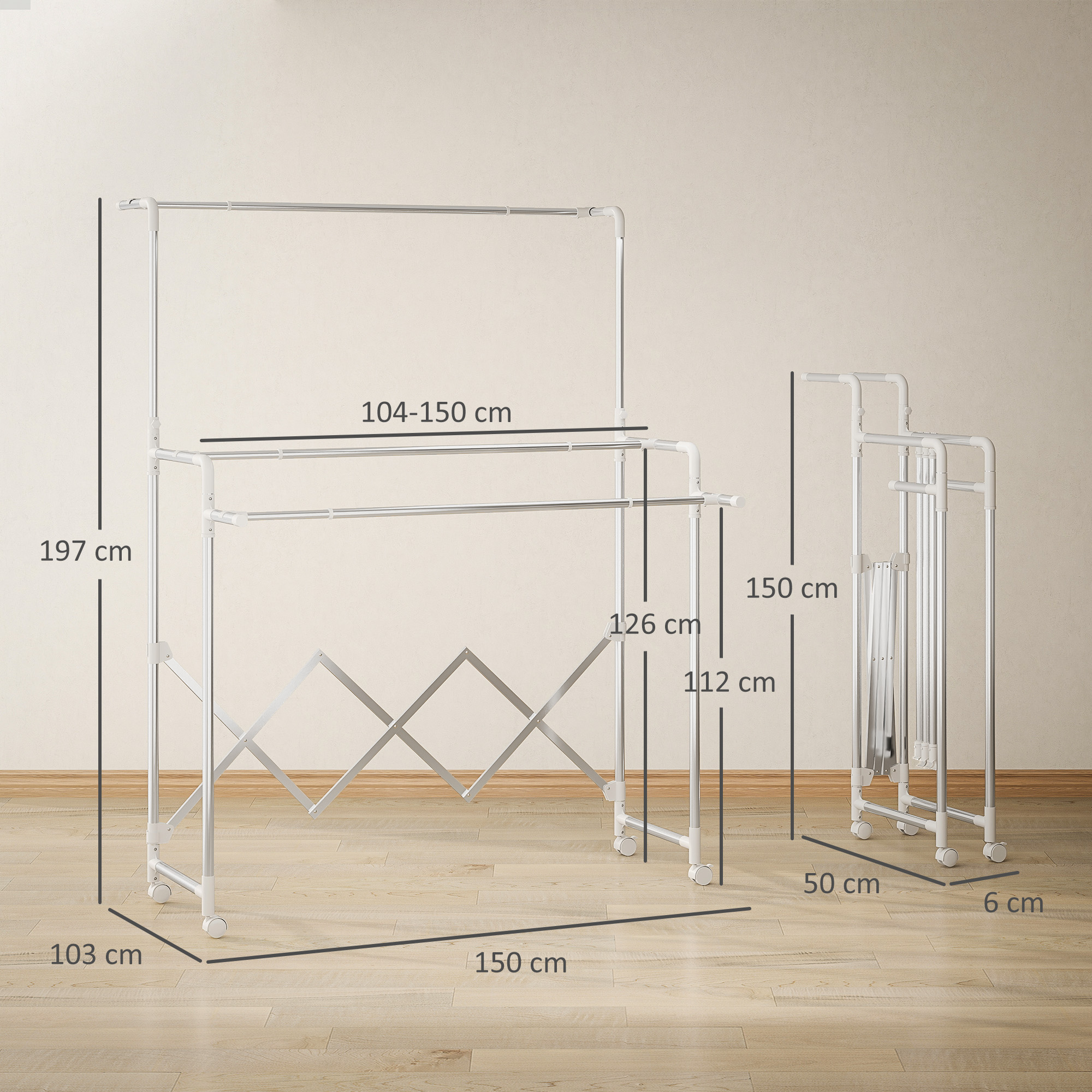 Un tendedero metálico extensible con ruedas. Se muestran las dimensiones.