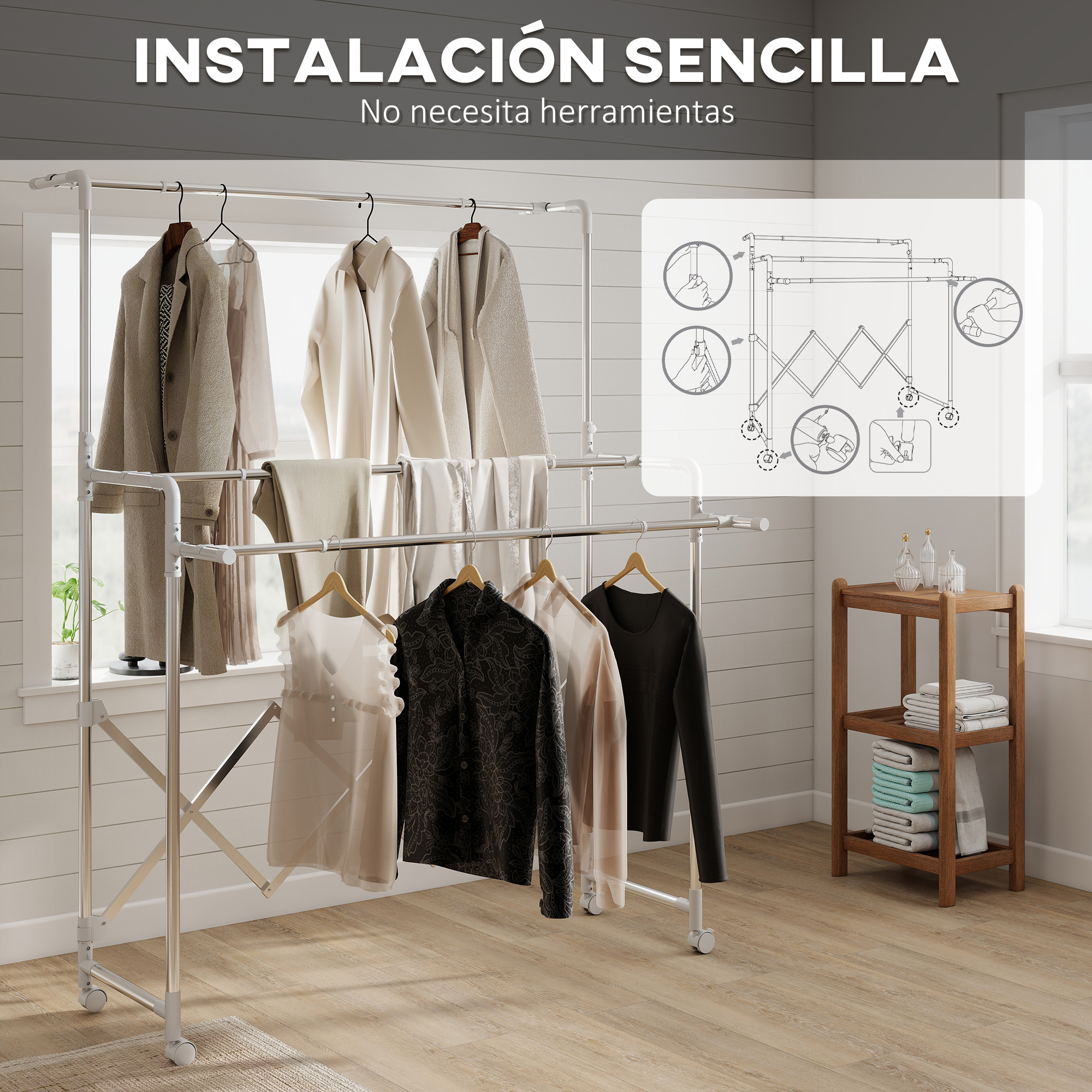 Perchero con ropa e instrucciones de montaje.