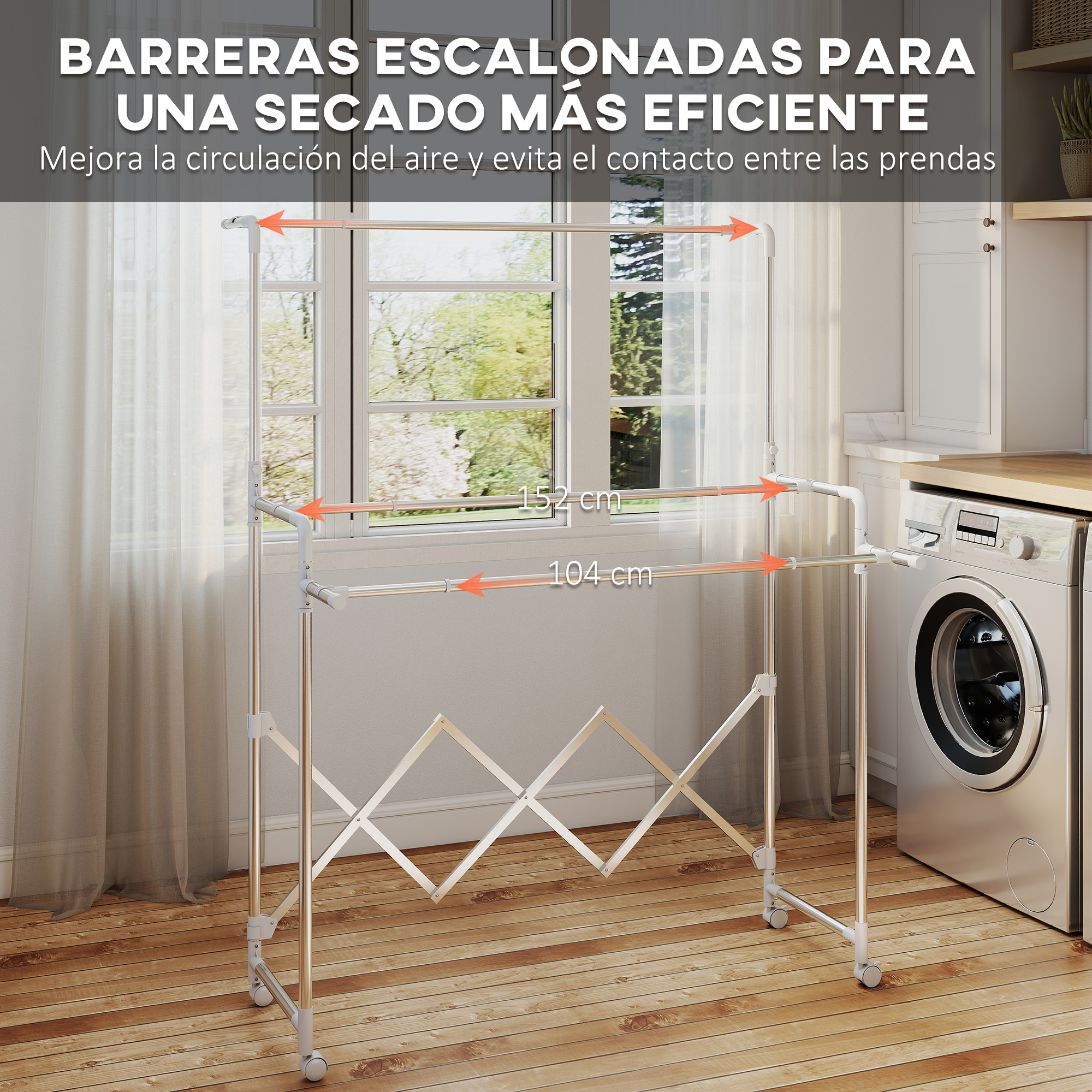 Un tendedero plegable con ruedas junto a una lavadora.