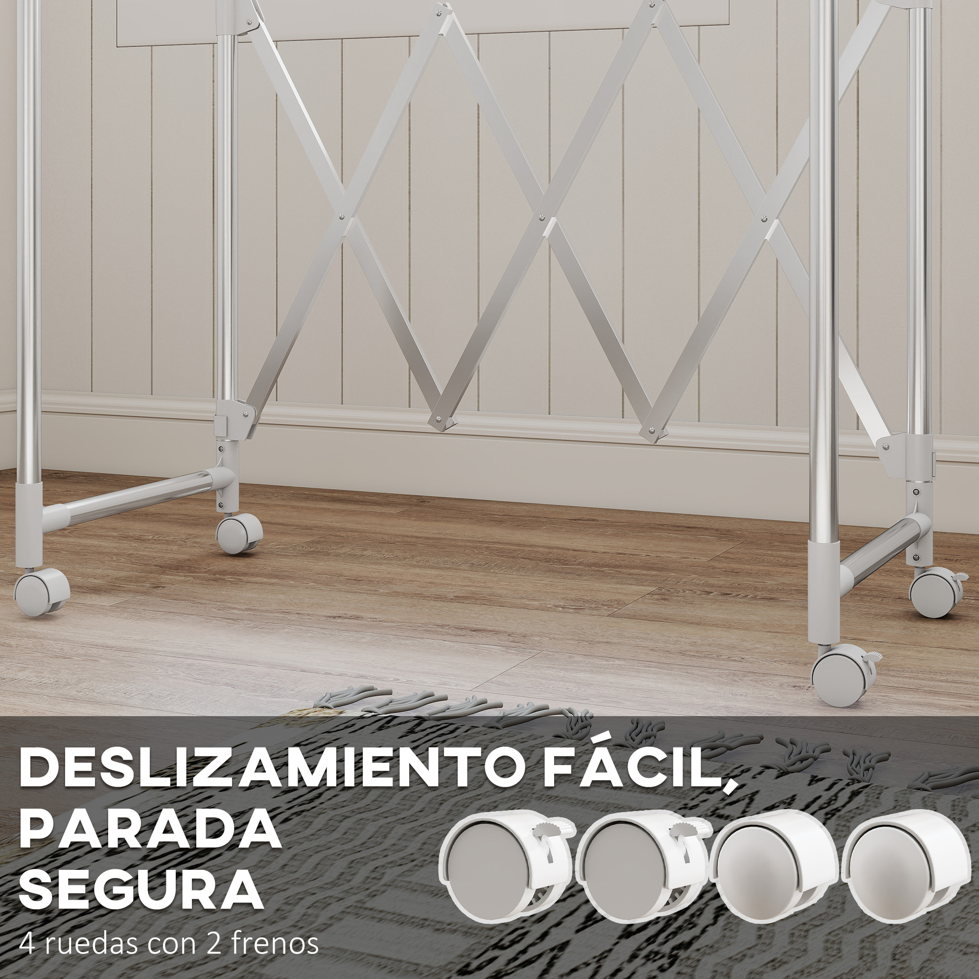 Una puerta de tijera plateada con ruedas frente a una pared de madera.