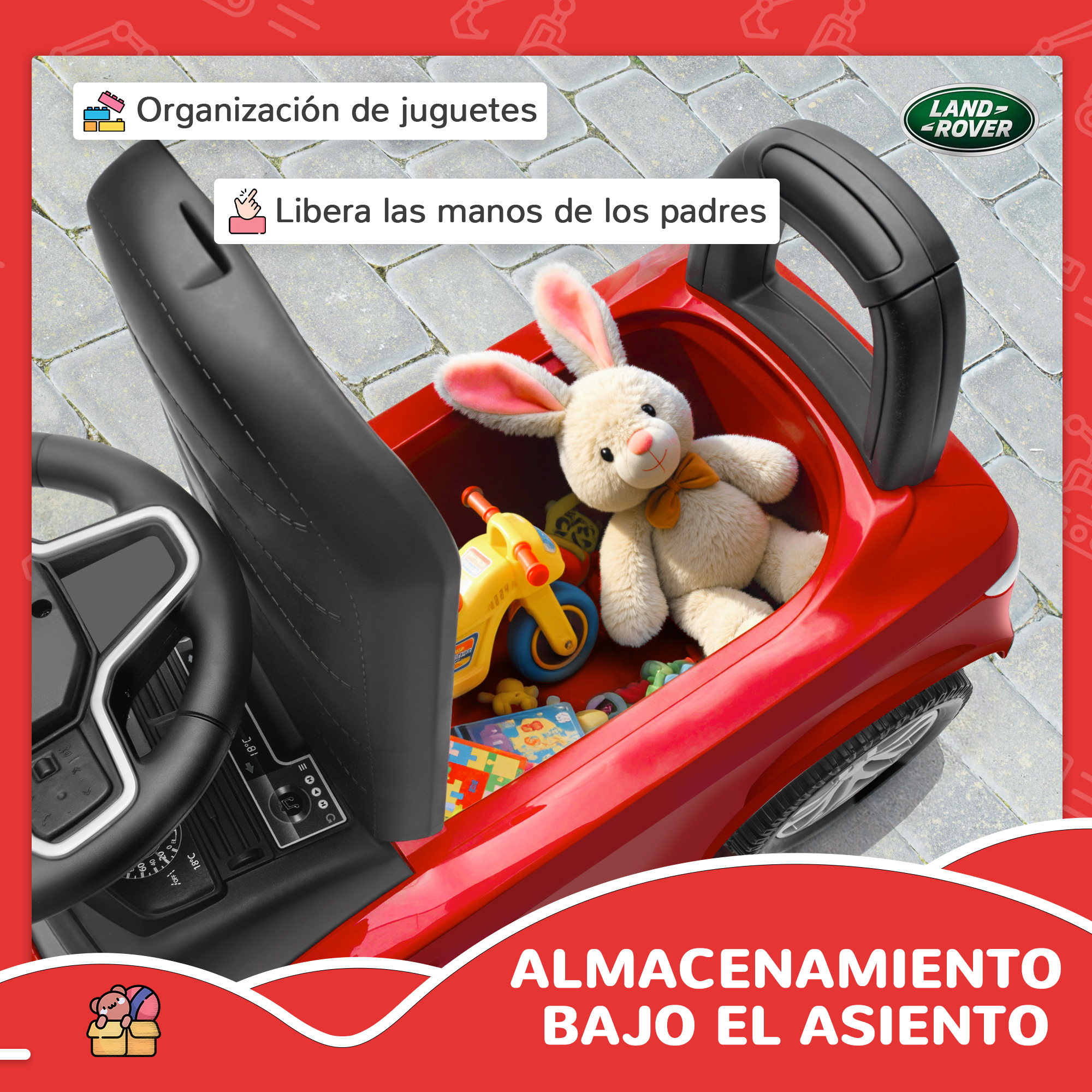 Coche de juguete rojo con osito de peluche, moto pequeña y bloques.
