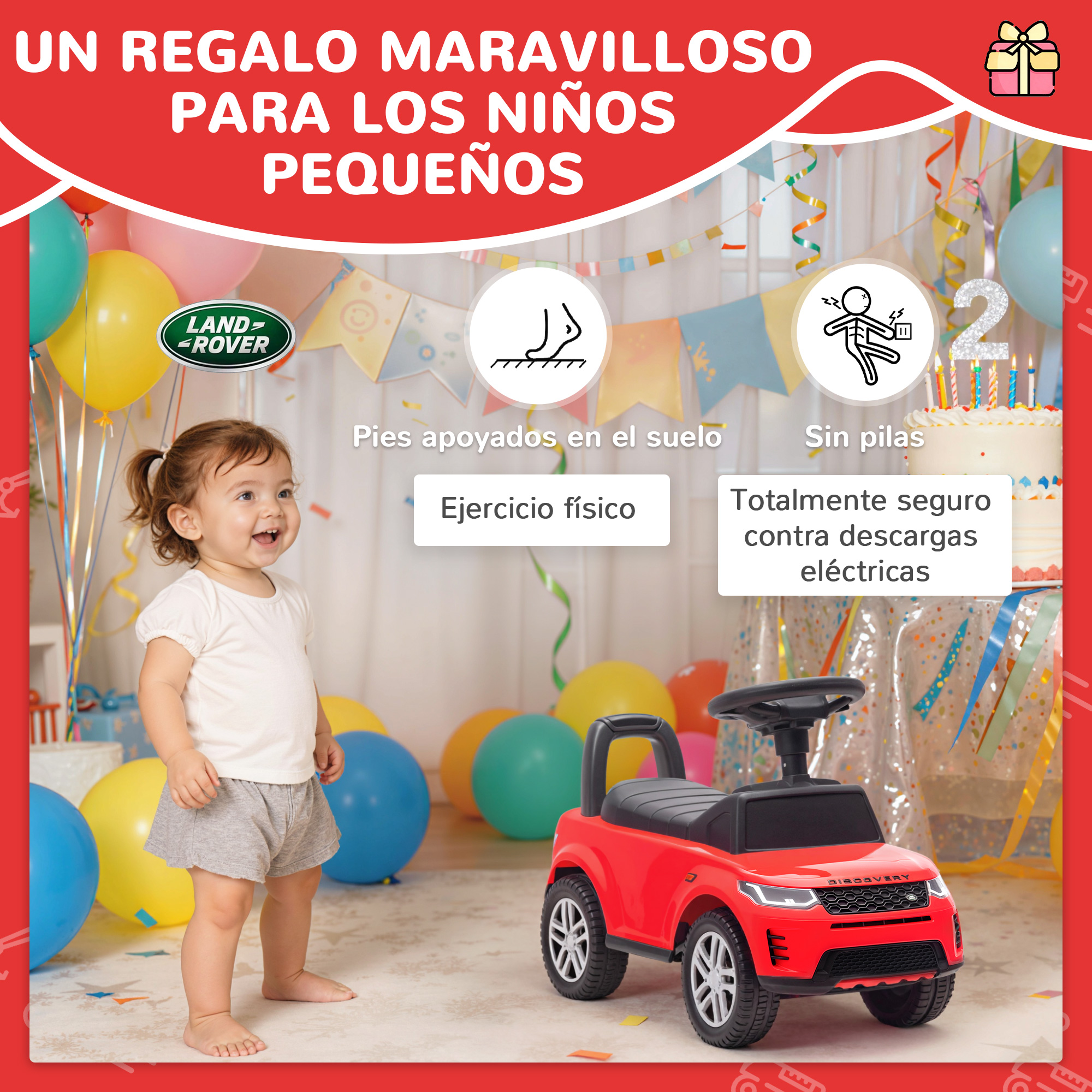 Un niño sonriente junto a un coche de juguete rojo con globos y pastel.