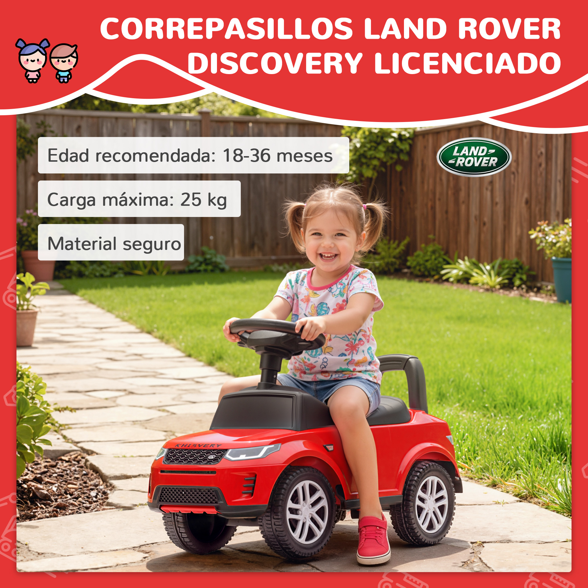 Un niño pequeño sonriente se sienta en un coche de juguete rojo Land Rover Discovery en un jardín.
