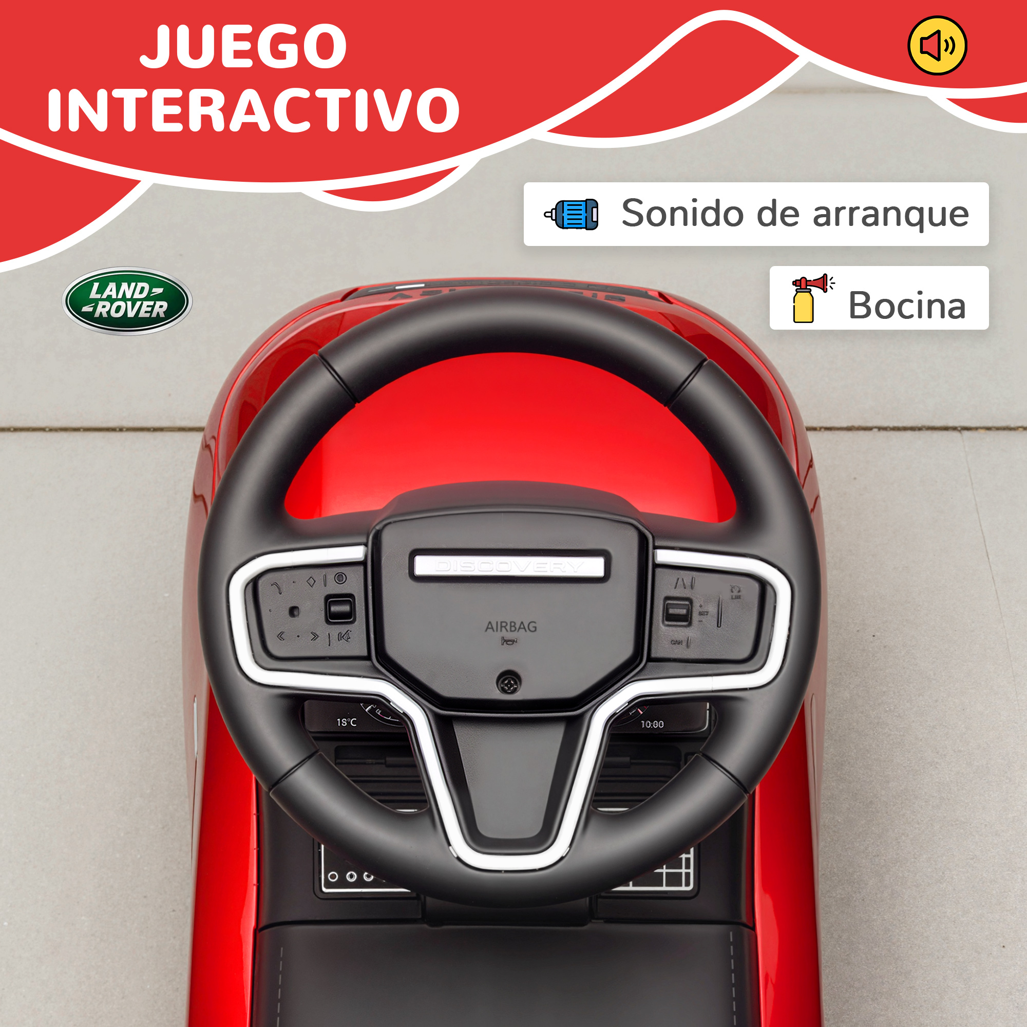 Volante rojo de coche de juguete con logo Land Rover y botones.