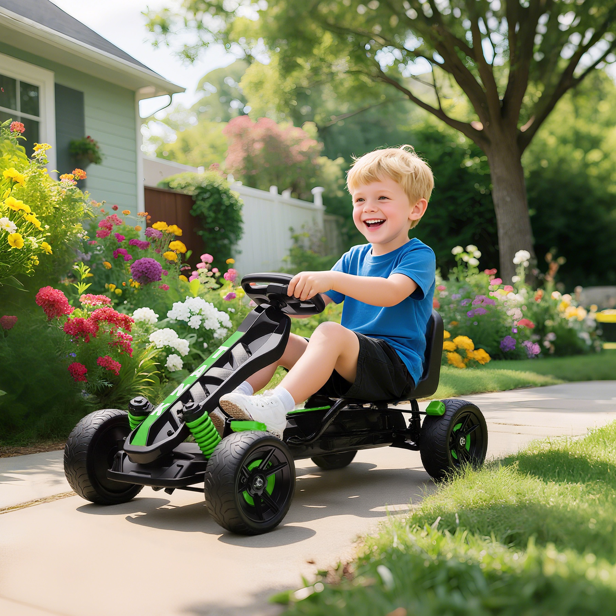 Un niño sonriente conduce un go-kart verde y negro en una acera, con casa y flores.