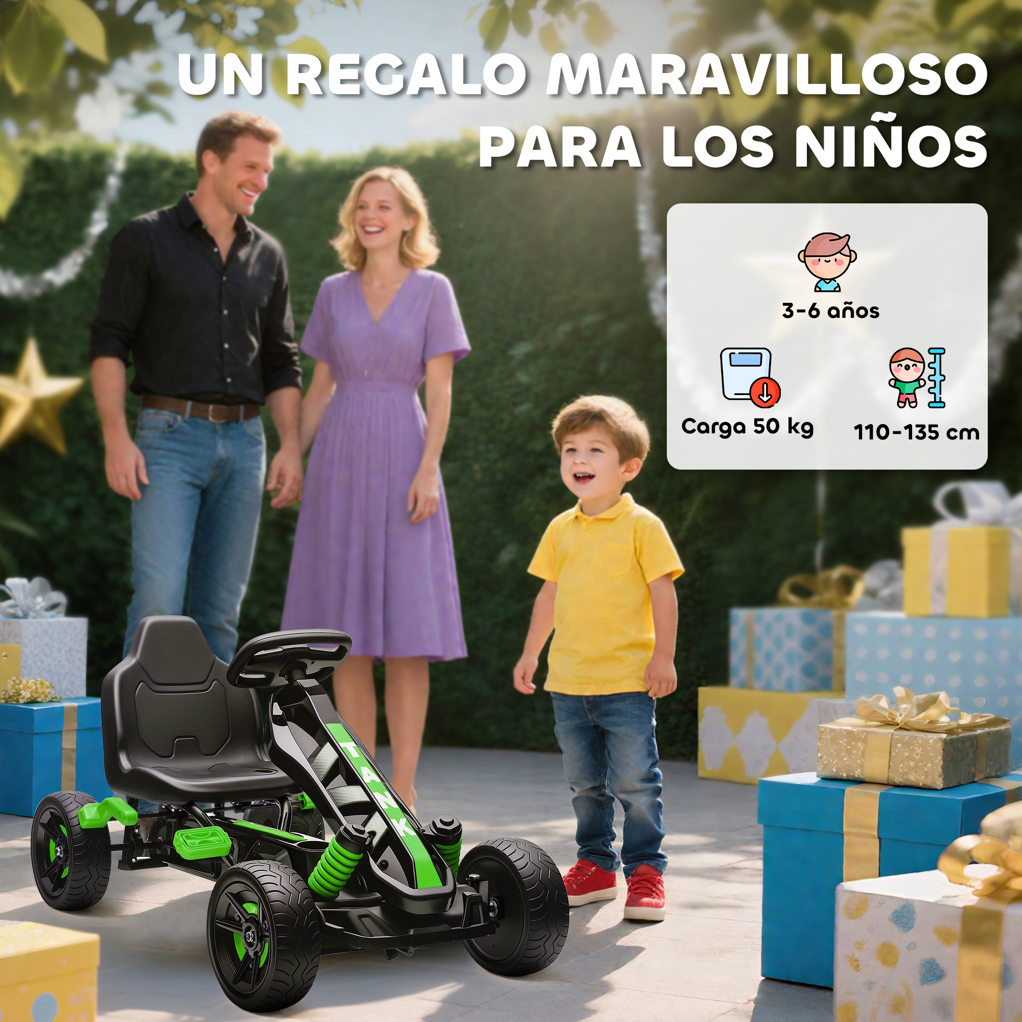 Familia con go-kart y regalos en jardín. Adecuado para 3-6 años.