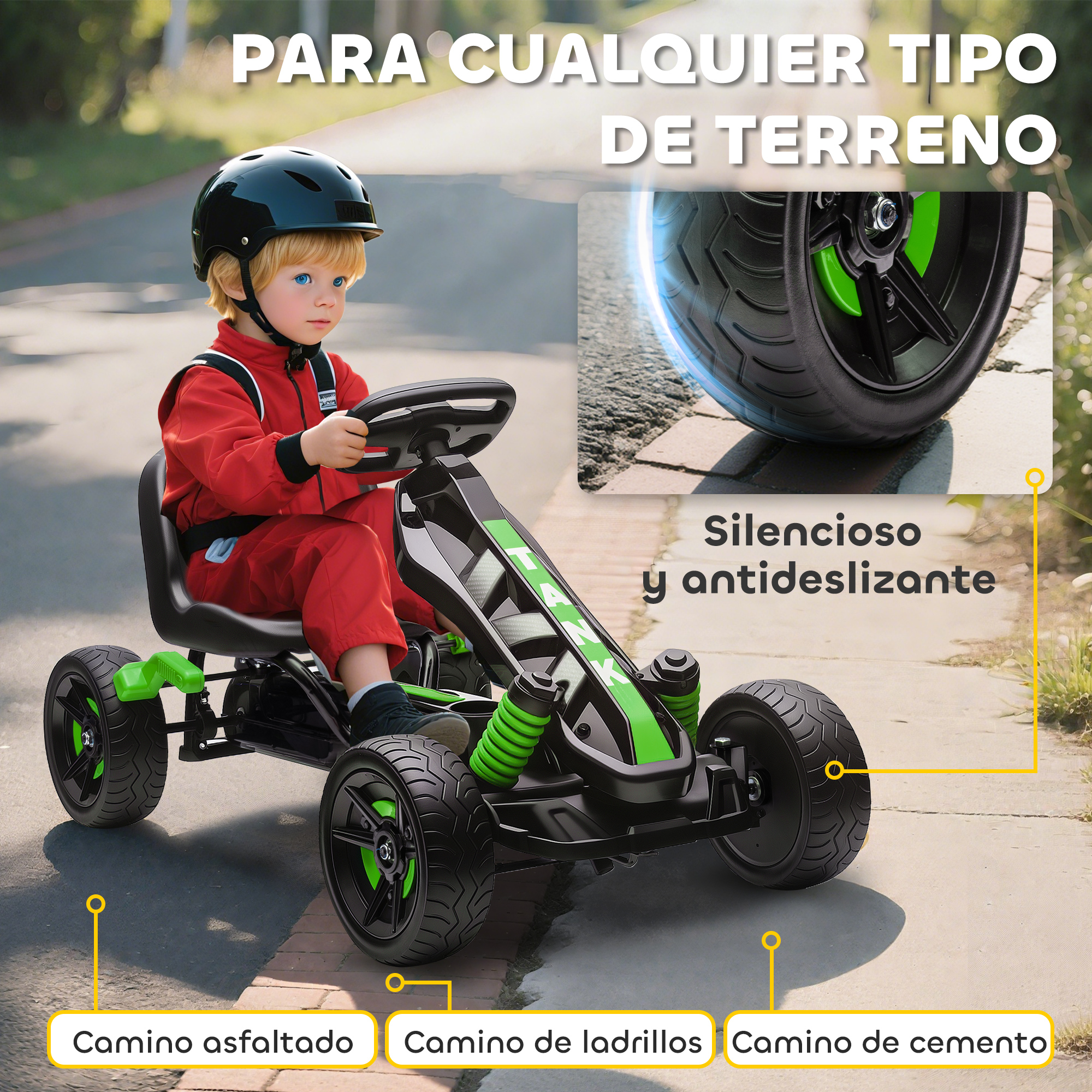 Un niño con traje de carreras rojo conduce un go-kart con detalles verdes en una carretera.