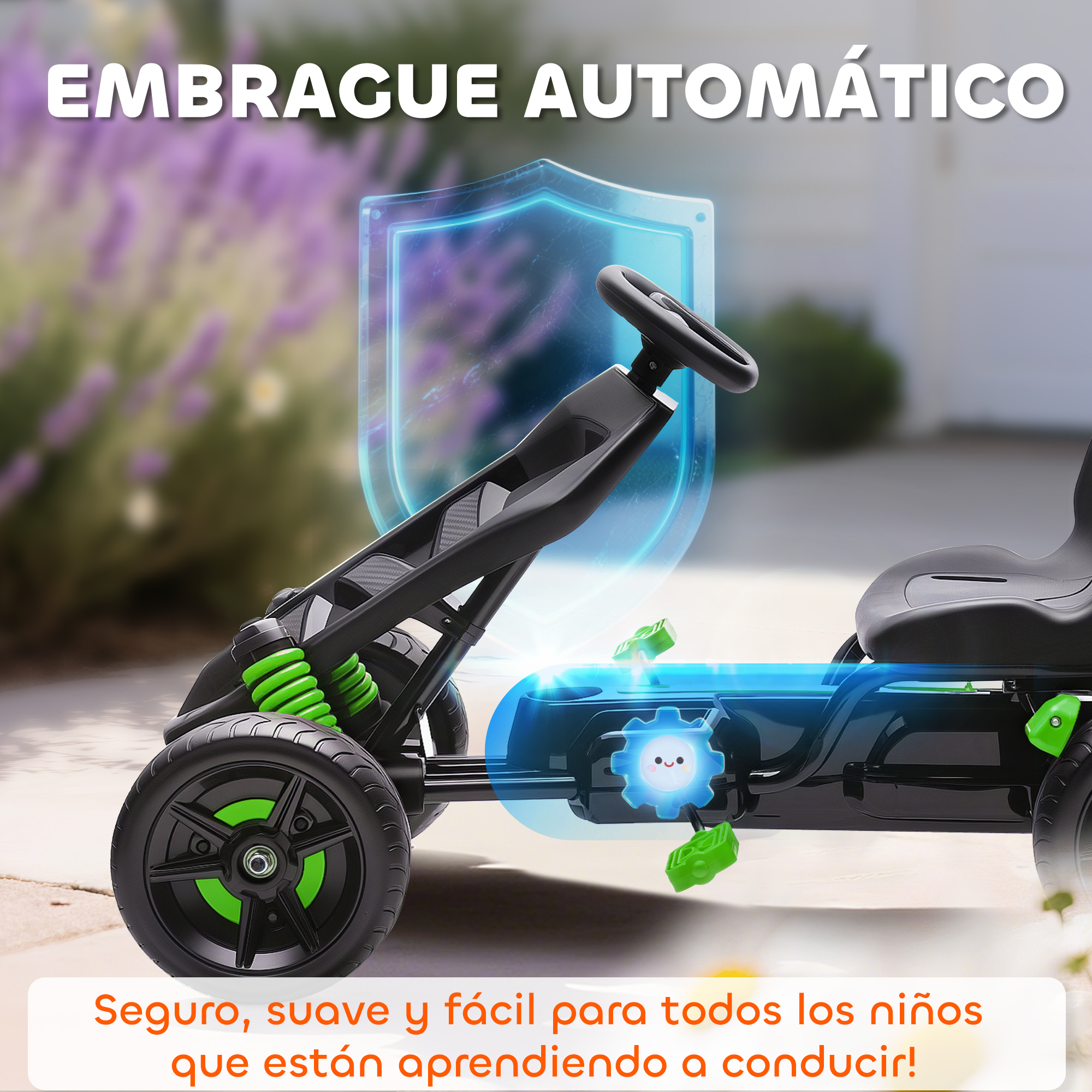 Un go-kart negro con detalles verdes y un ícono de escudo.