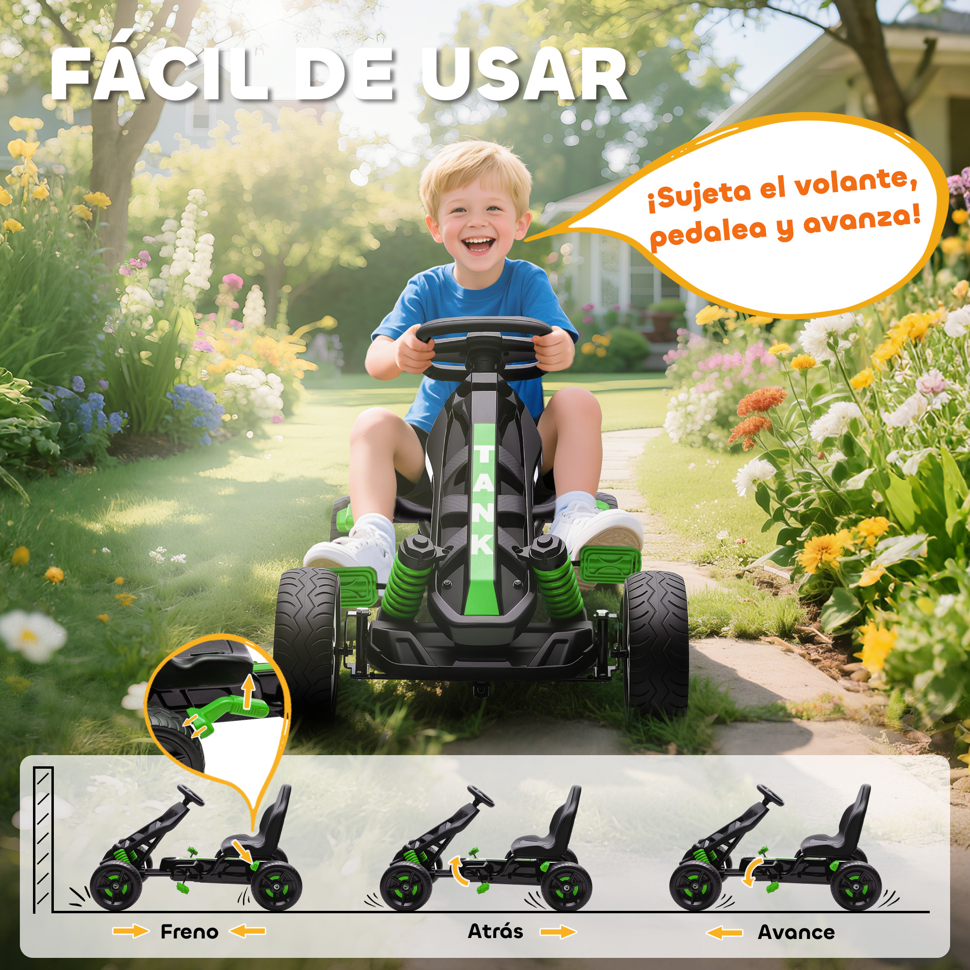 Un niño conduce un go-kart verde y negro en un jardín. Se muestran freno, marcha atrás y avance.