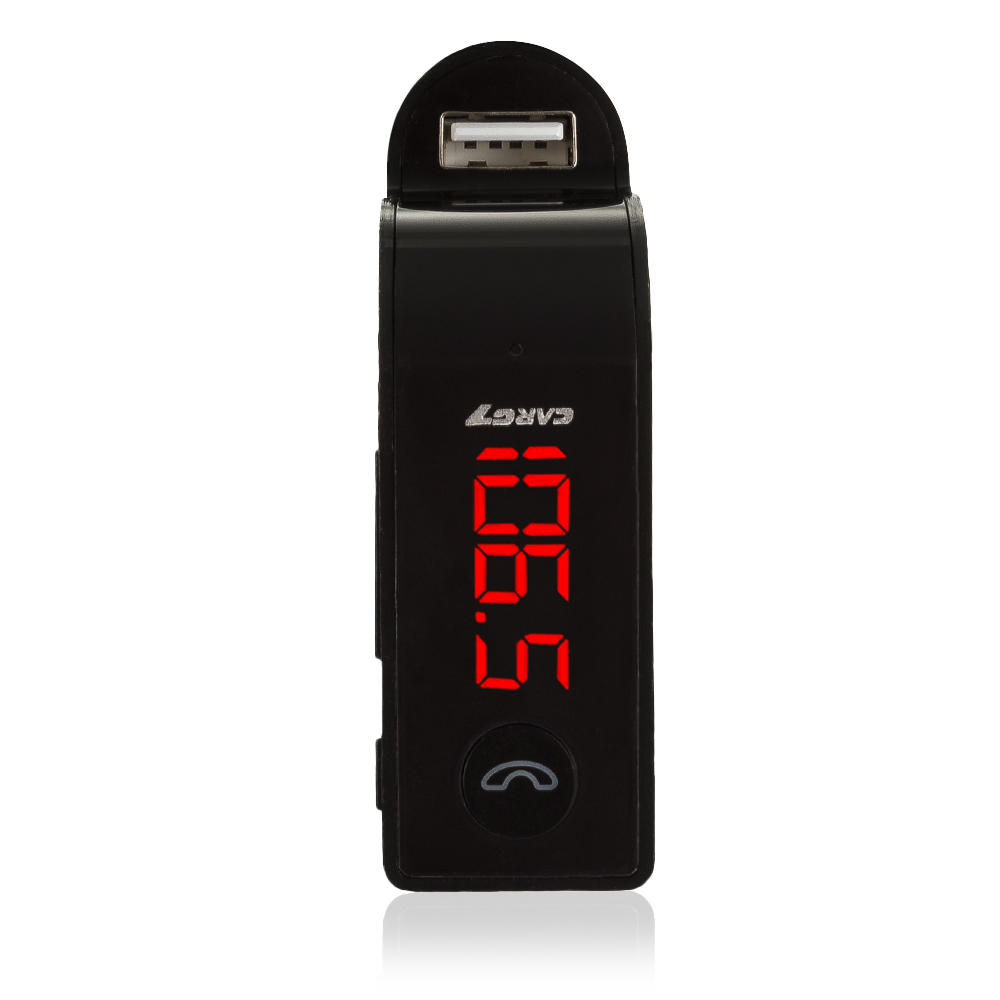 Transmisor FM negro con pantalla digital roja que muestra 108.5.