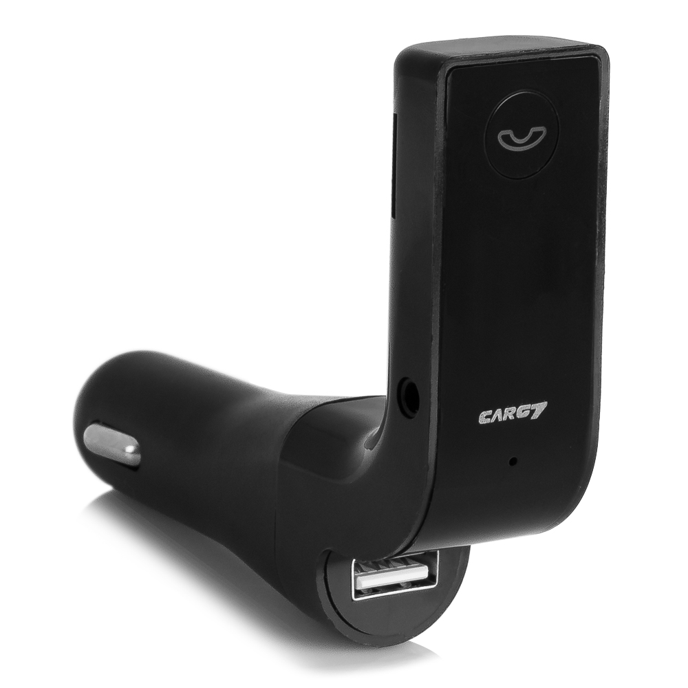 Adaptador de cargador de coche negro con puerto USB e icono de llamada.