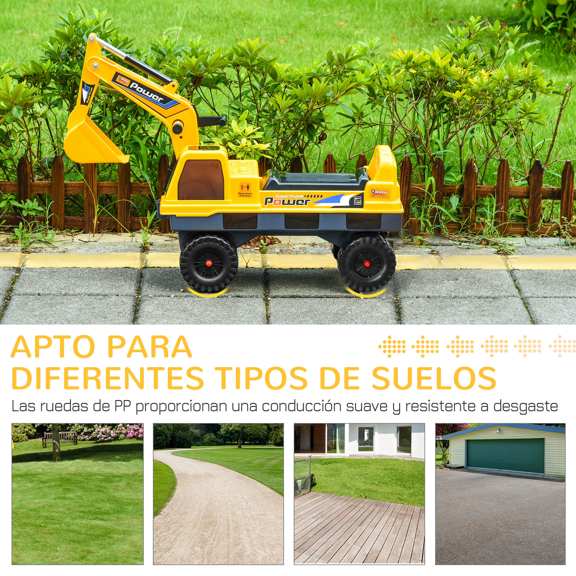 Una excavadora de juguete amarilla con ruedas grandes está al aire libre en un camino pavimentado.
