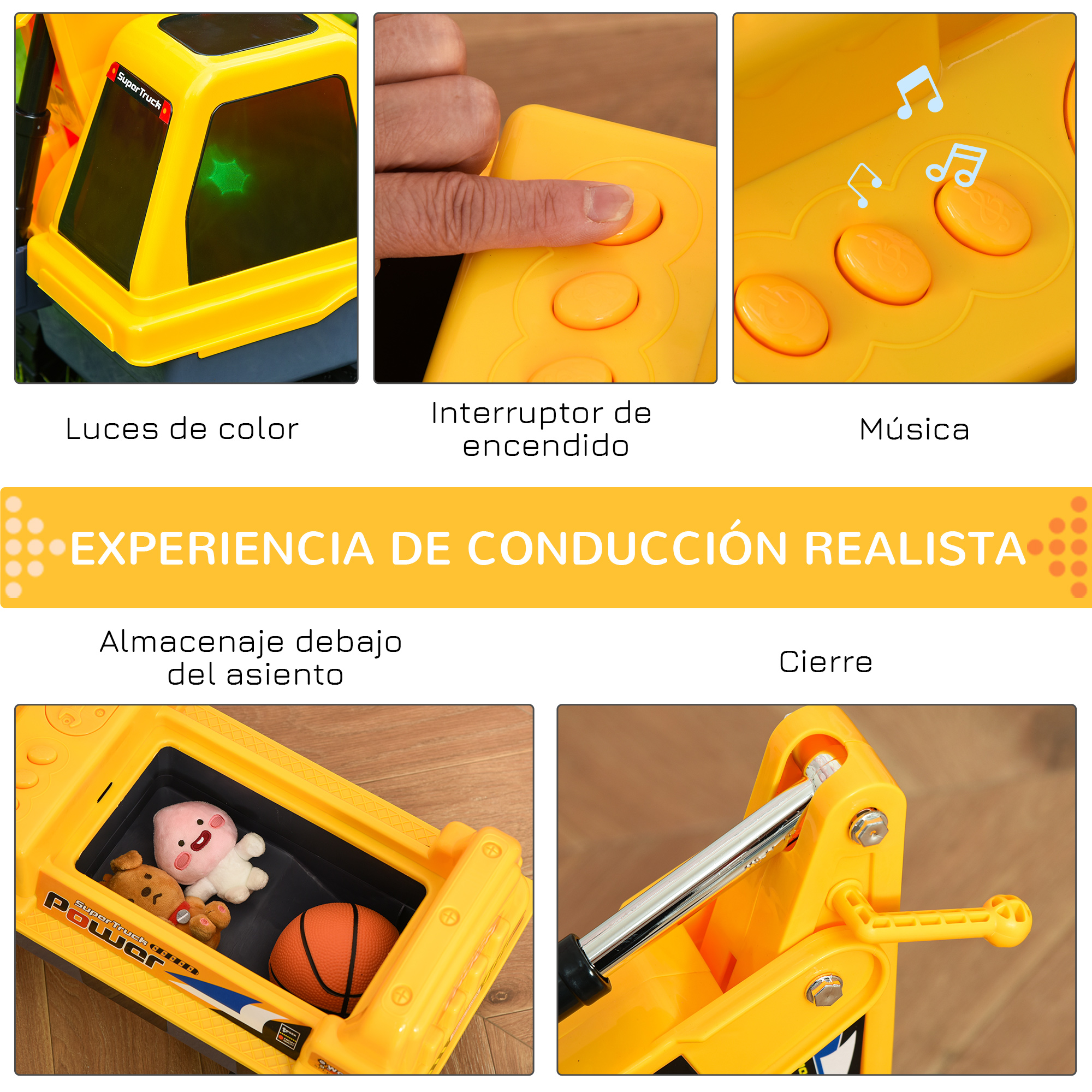 Camión de juguete amarillo mostrando luces, botones, música, almacenaje y palanca.