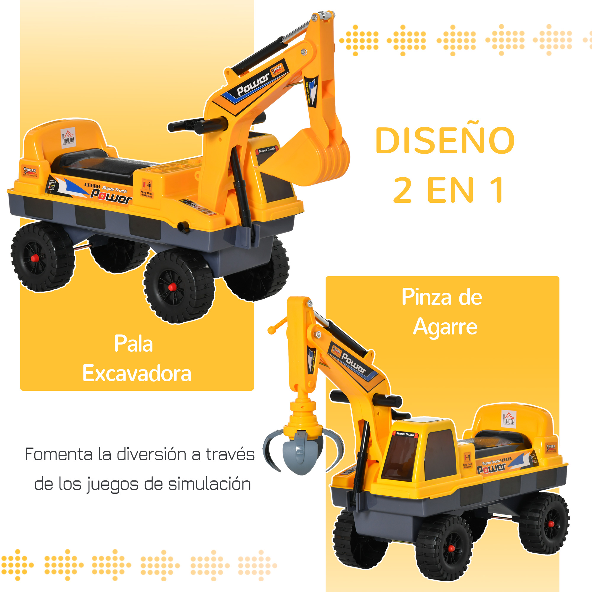 Dos excavadoras de juguete amarillas con ruedas, una con pala, otra con pinza.