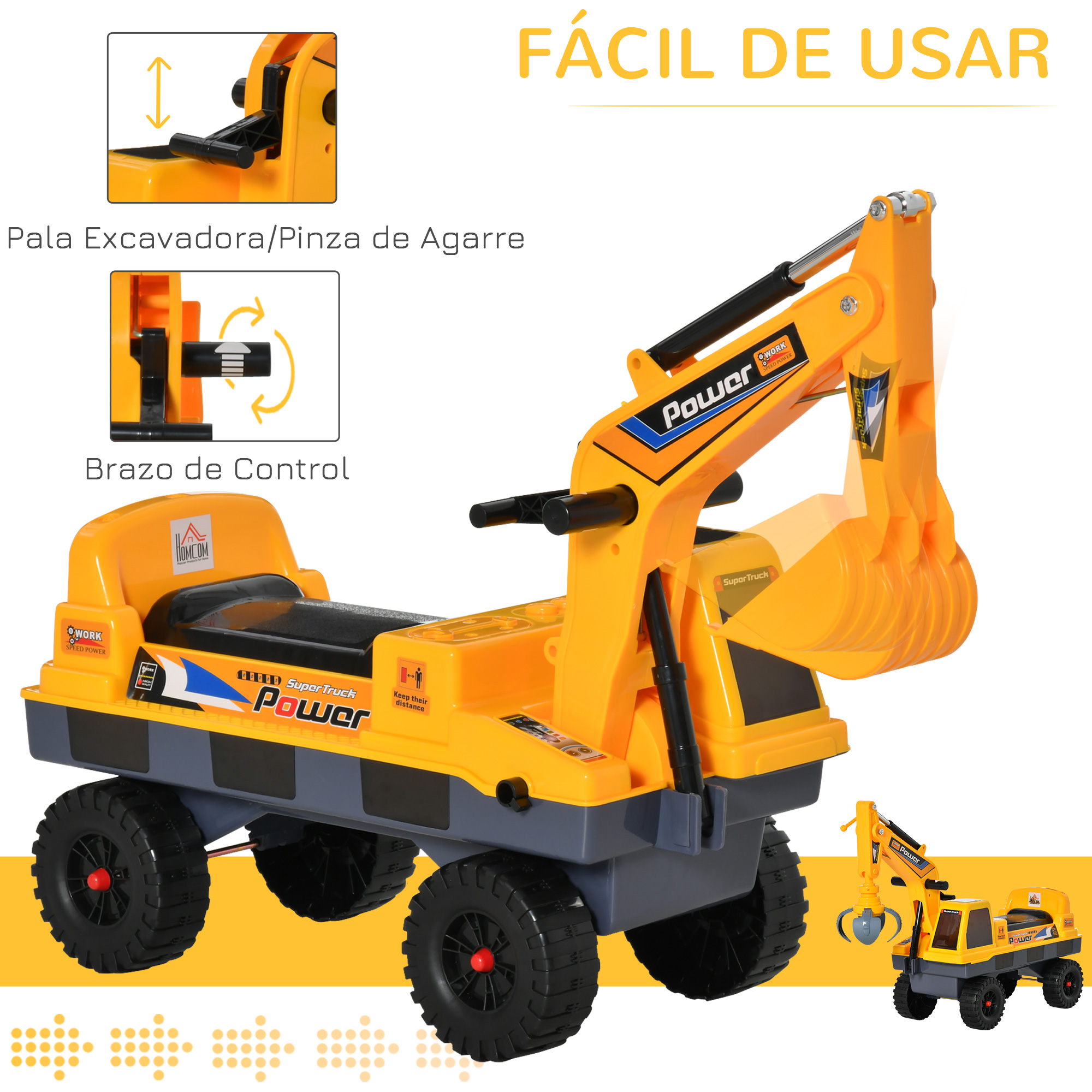 Un excavador de juguete amarillo con ruedas negras y un brazo de garra.