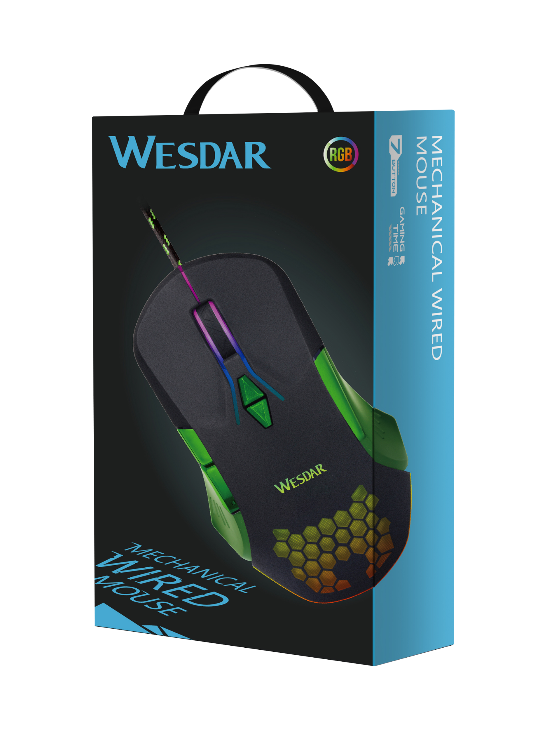 Yeşil vurgulara ve RGB logoya sahip siyah oyuncu mouse'unun ambalajı.