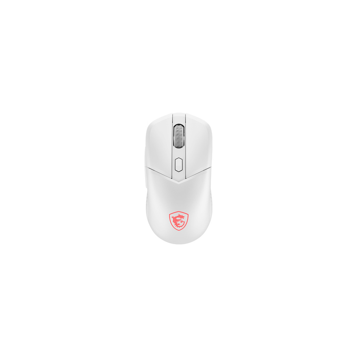 Witte gamingmuis met rood drakenlogo en scrollwiel.