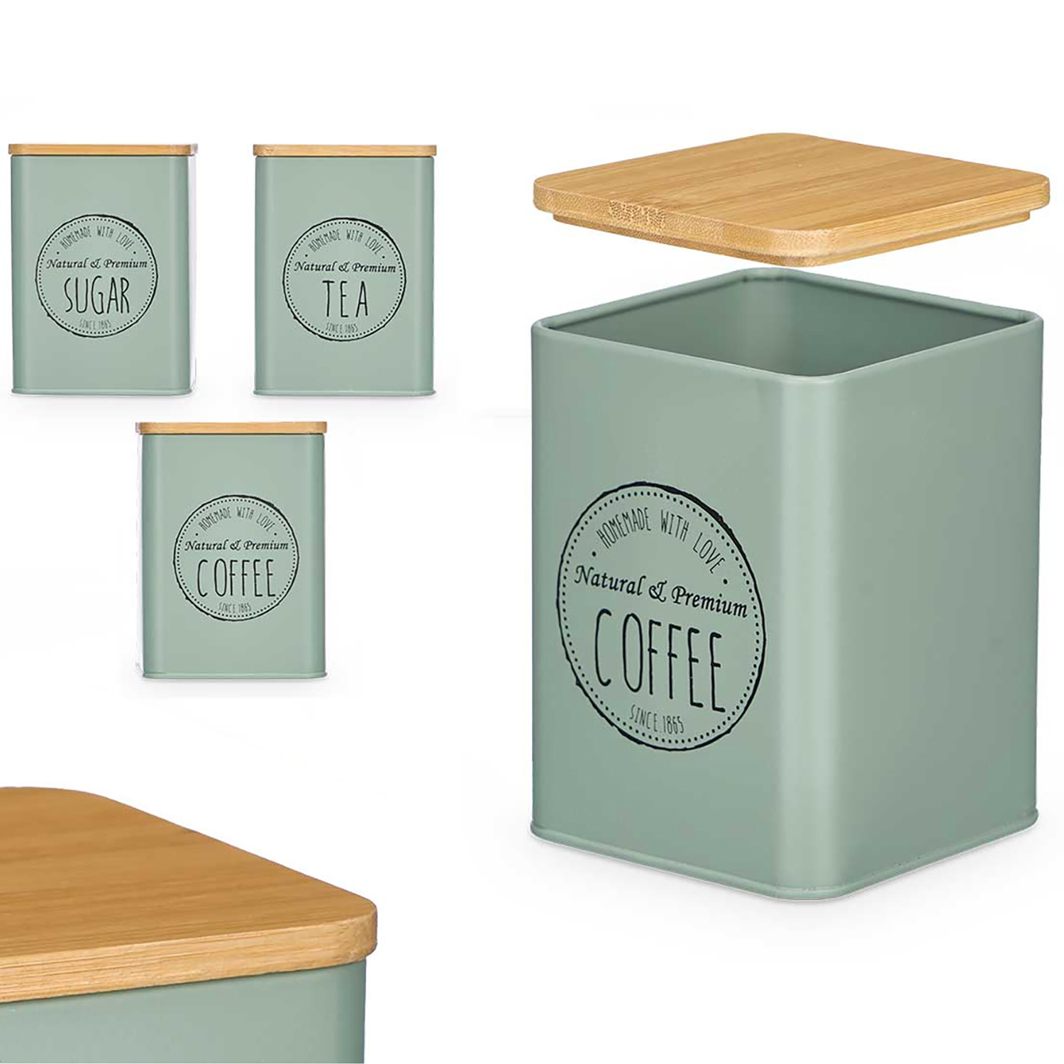 Tre barattoli quadrati verdi con coperchi in legno: zucchero, tè, caffè.