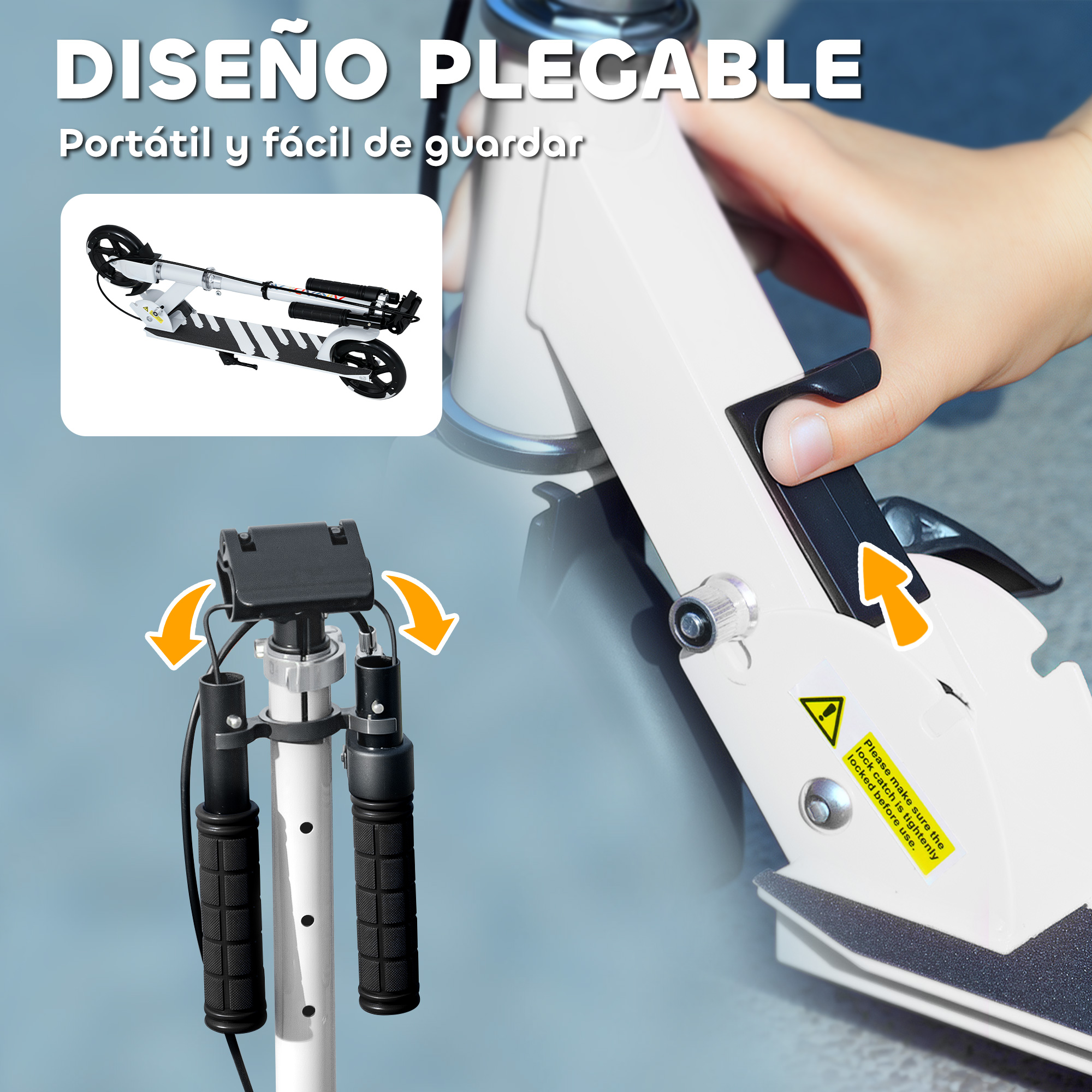Se muestra un patinete plegable, centrándose en el manillar y el mecanismo de bloqueo.