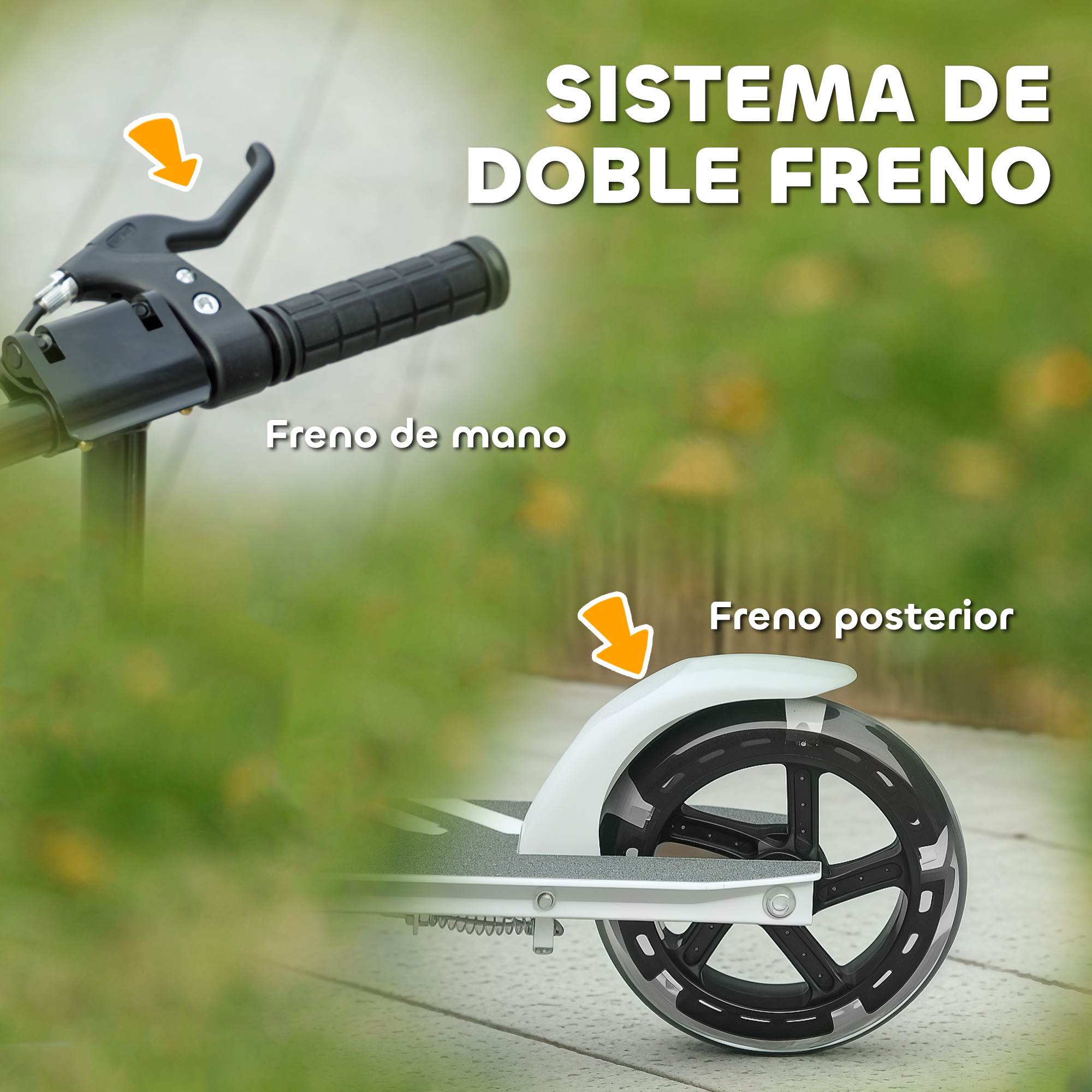 Primer plano de un patinete, mostrando el freno de mano y la rueda trasera. Texto indica doble función.