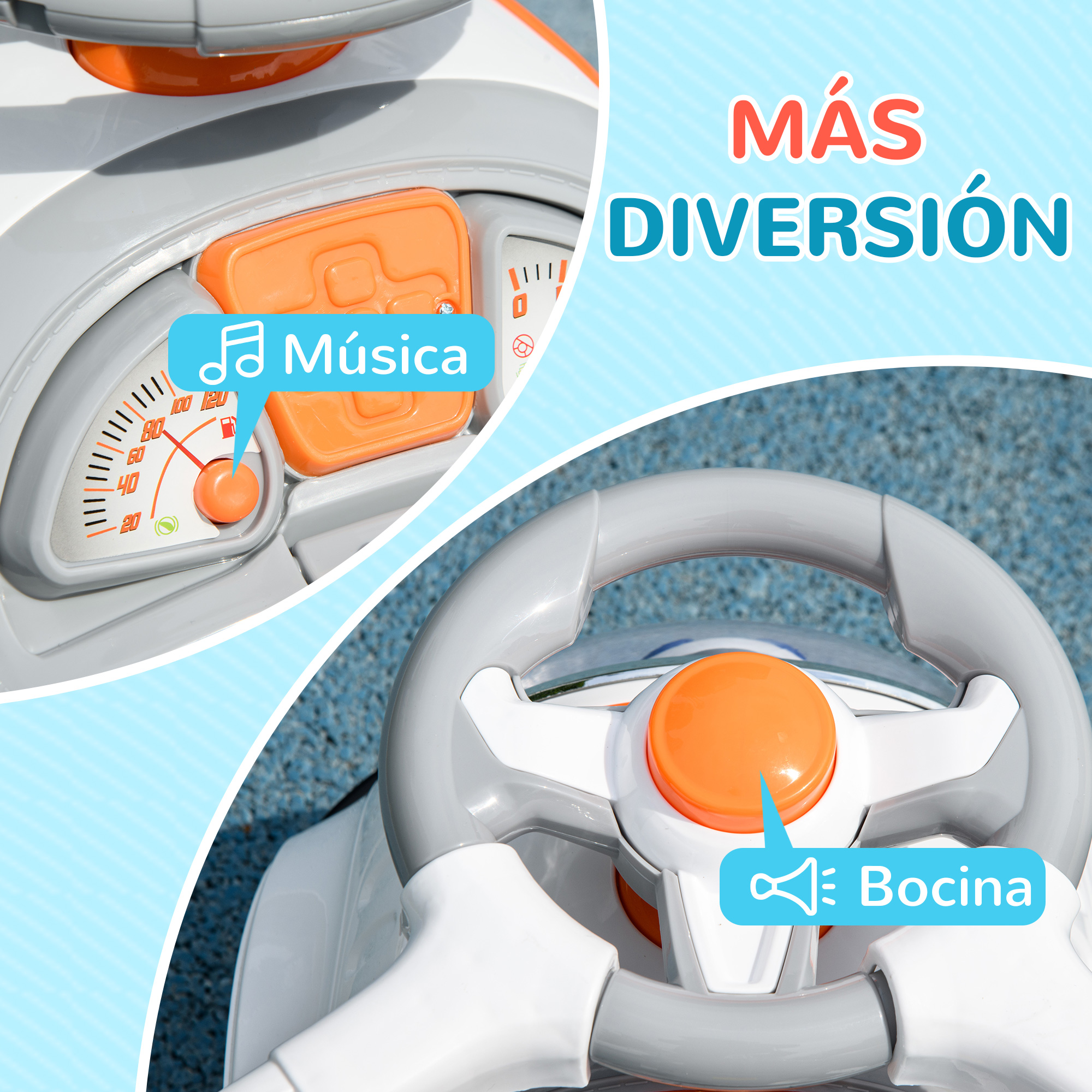 Volante de coche de juguete con salpicadero, muestra etiquetas 'Música' y 'Bocina'.