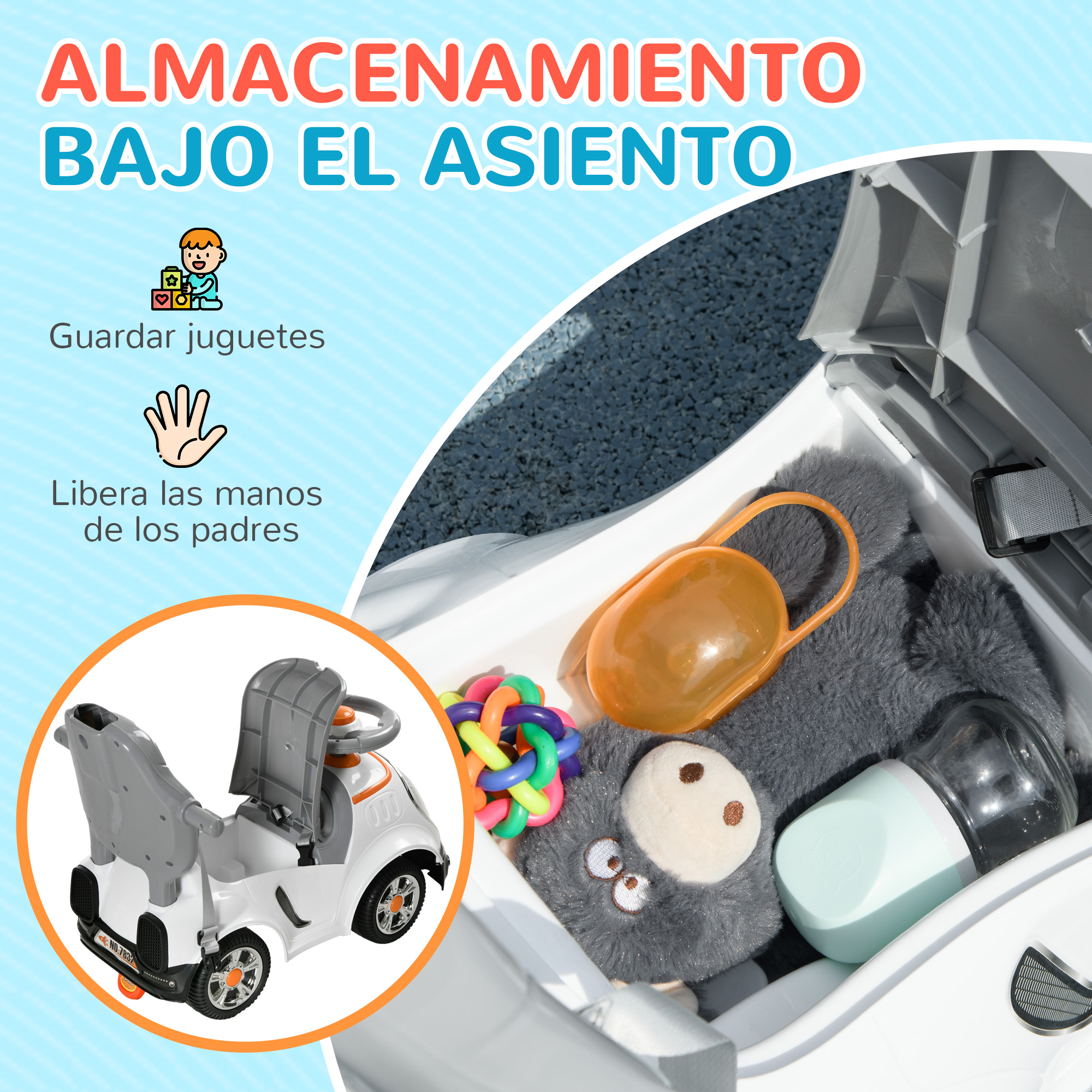 Vista dentro de un asiento de coche abierto con juguetes: peluche, taza, mordedor.