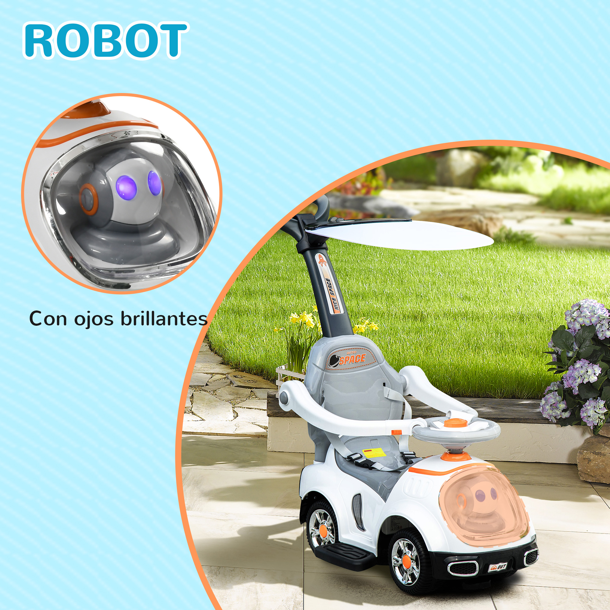 Un coche de juguete blanco y gris con diseño de robot sobre patio de piedra y césped.