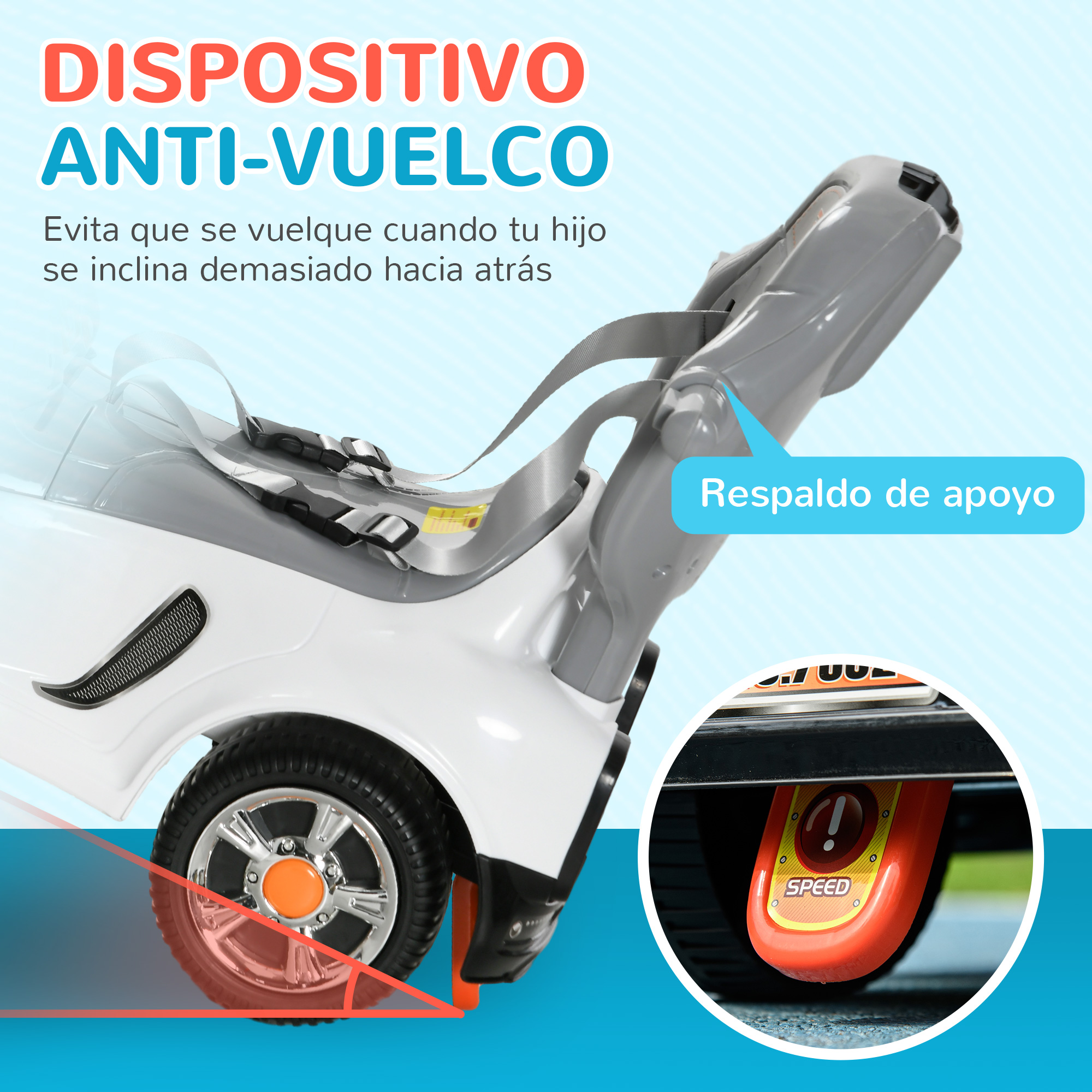 Dispositivo antivuelco en un coche de juguete blanco con asiento y cinturones.
