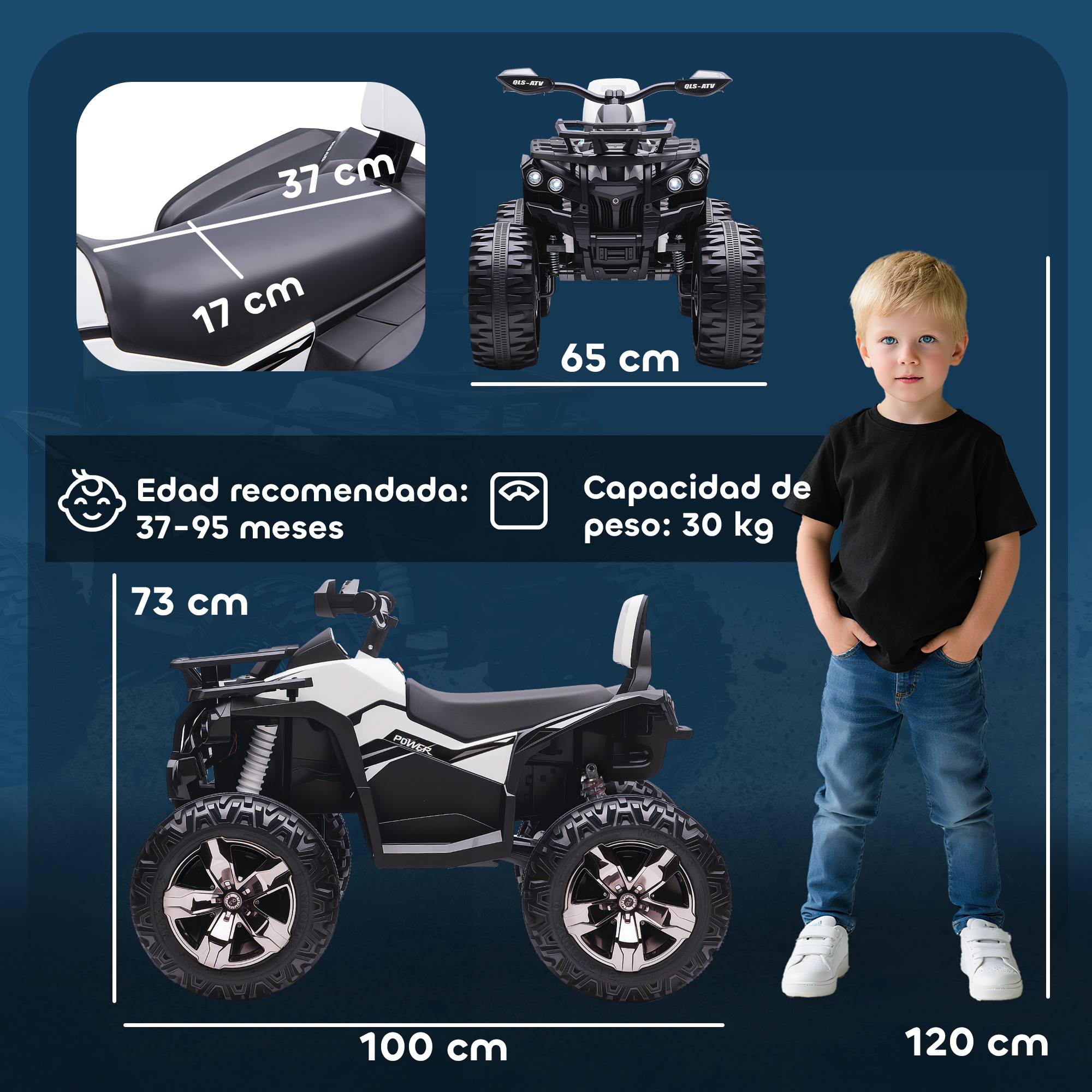 Un niño junto a un quad blanco y negro con medidas indicadas.