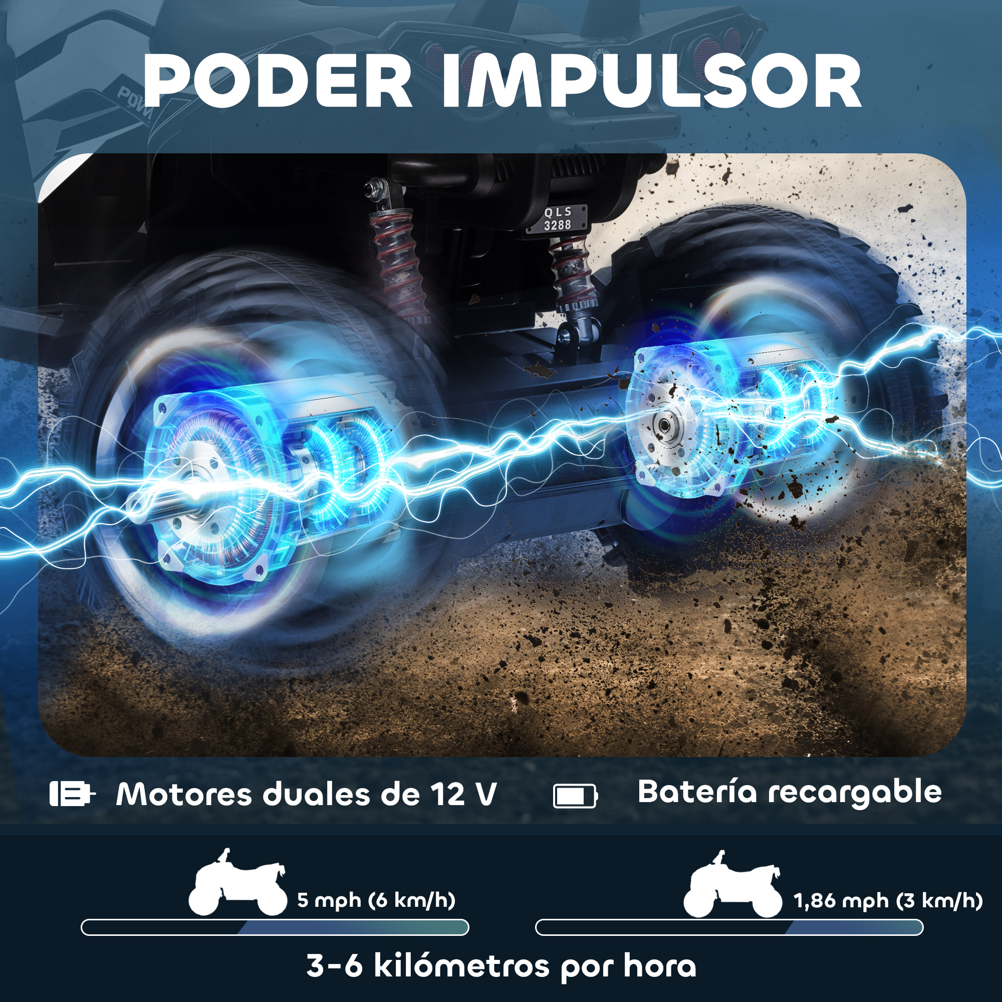 Motores duales de 12V con luz azul y rayos en un ATV de tierra.