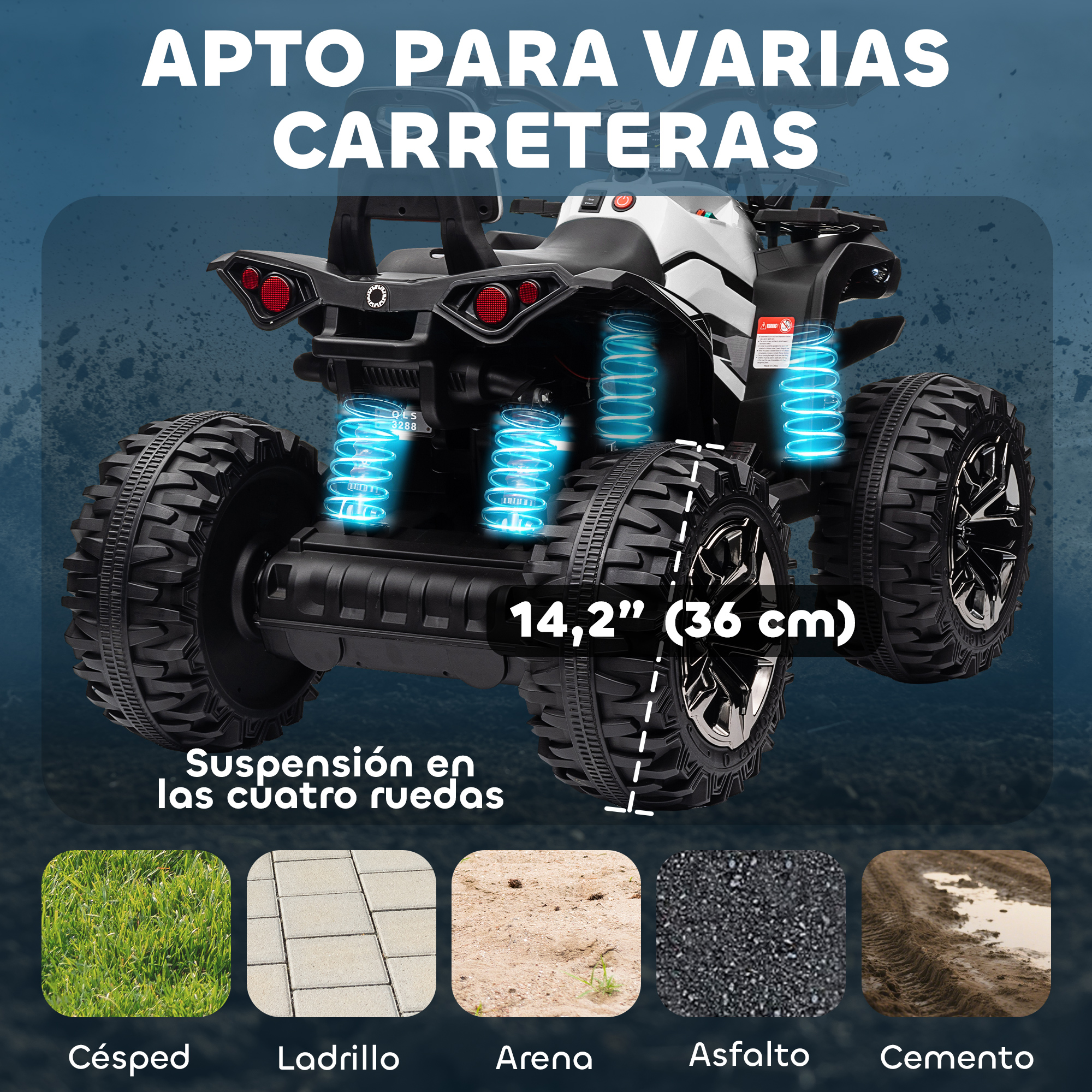 Quad con ruedas de 14,2" (36 cm) y suspensión en las cuatro ruedas.