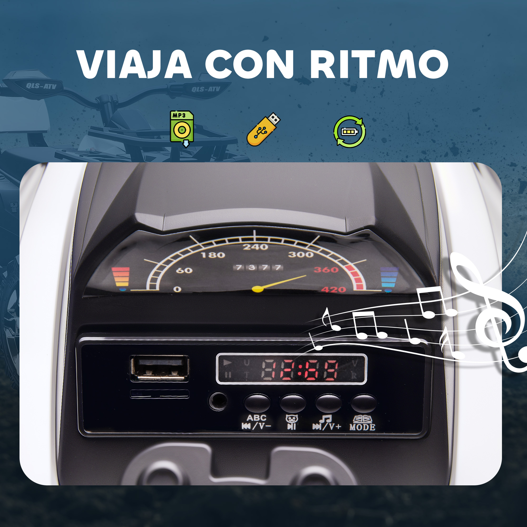 Panel de ATV con iconos musicales: MP3, USB, batería. Texto: VIAJA CON RITMO.
