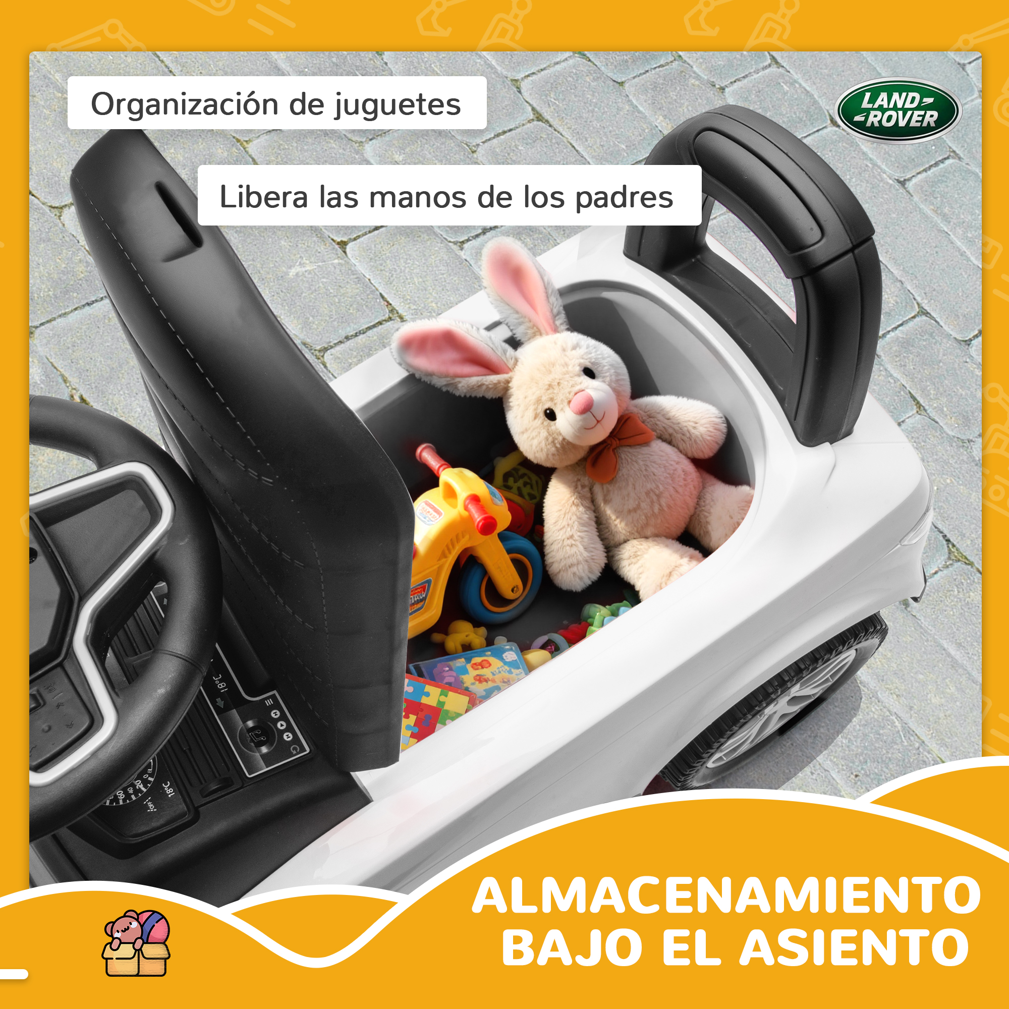 Un coche de juguete con oso de peluche, moto y puzzles bajo el asiento.