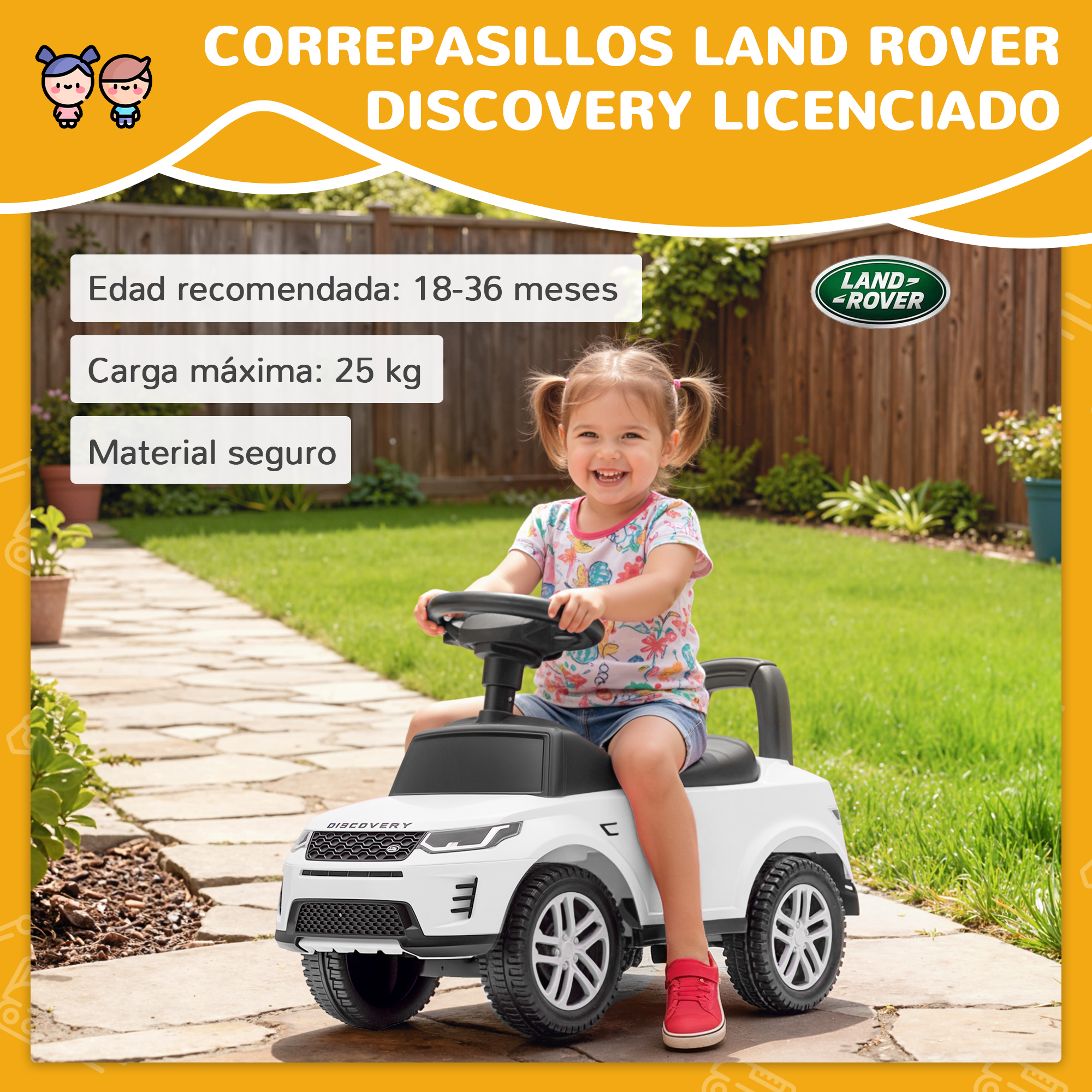 Una niña sonriente conduce un coche de juguete Land Rover Discovery blanco en un jardín.