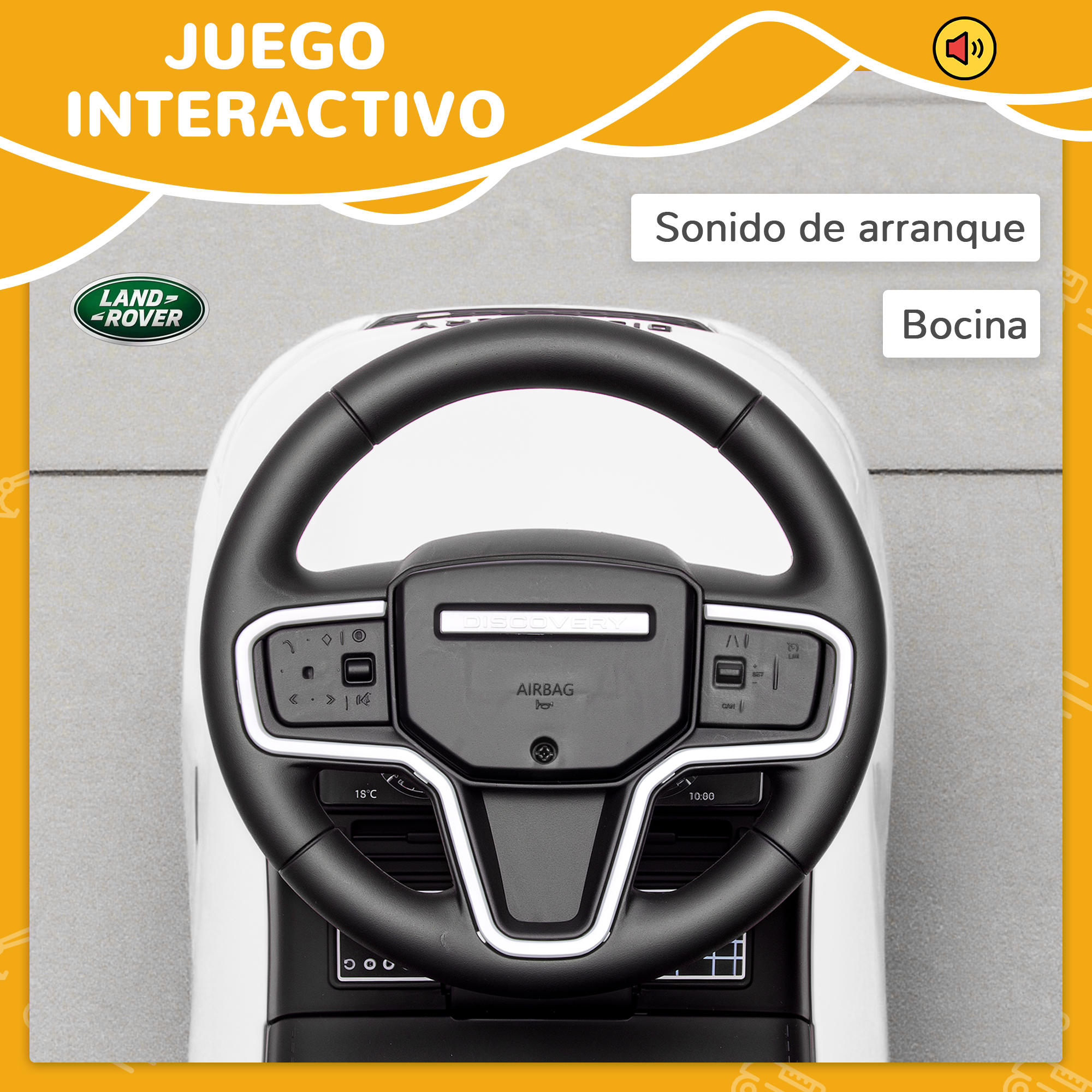 Un volante de juguete interactivo con logo Land Rover. Tiene botones y pantallas.