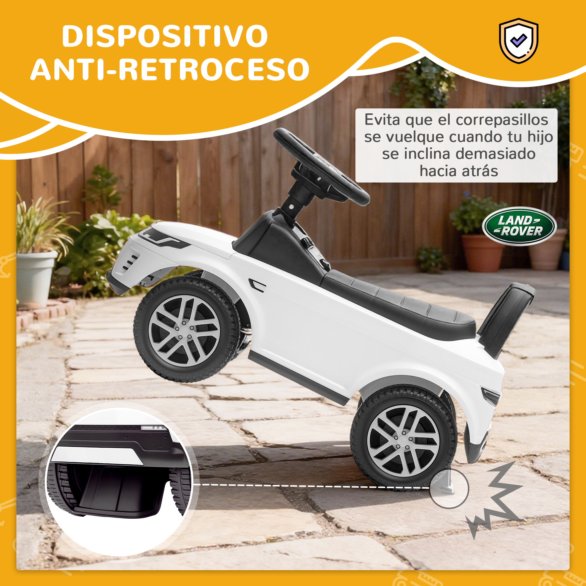 Un coche correpasillos blanco Land Rover al aire libre, con dispositivo antivuelco.