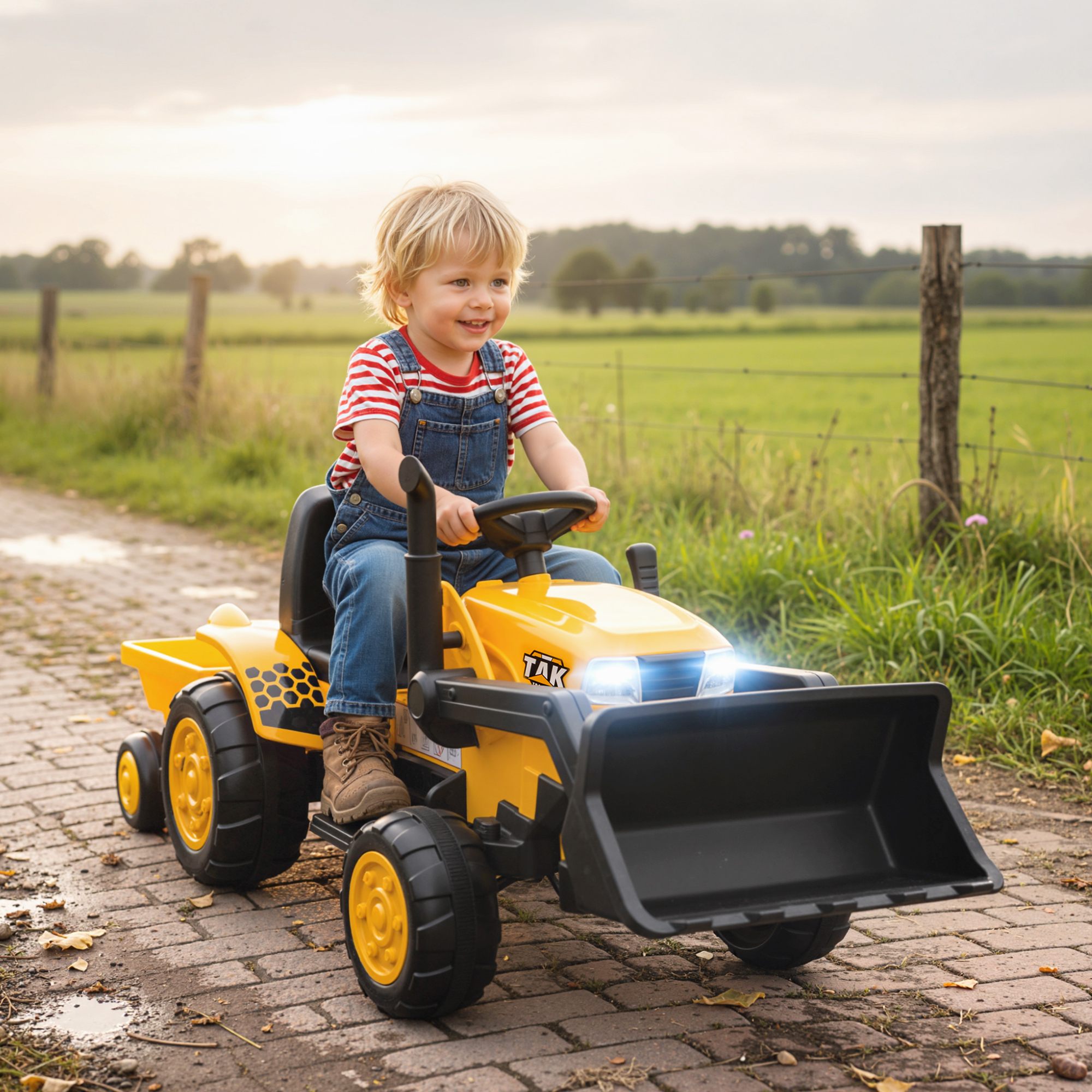 Un niño conduce un tractor de juguete amarillo con pala cargadora en un camino de ladrillos.