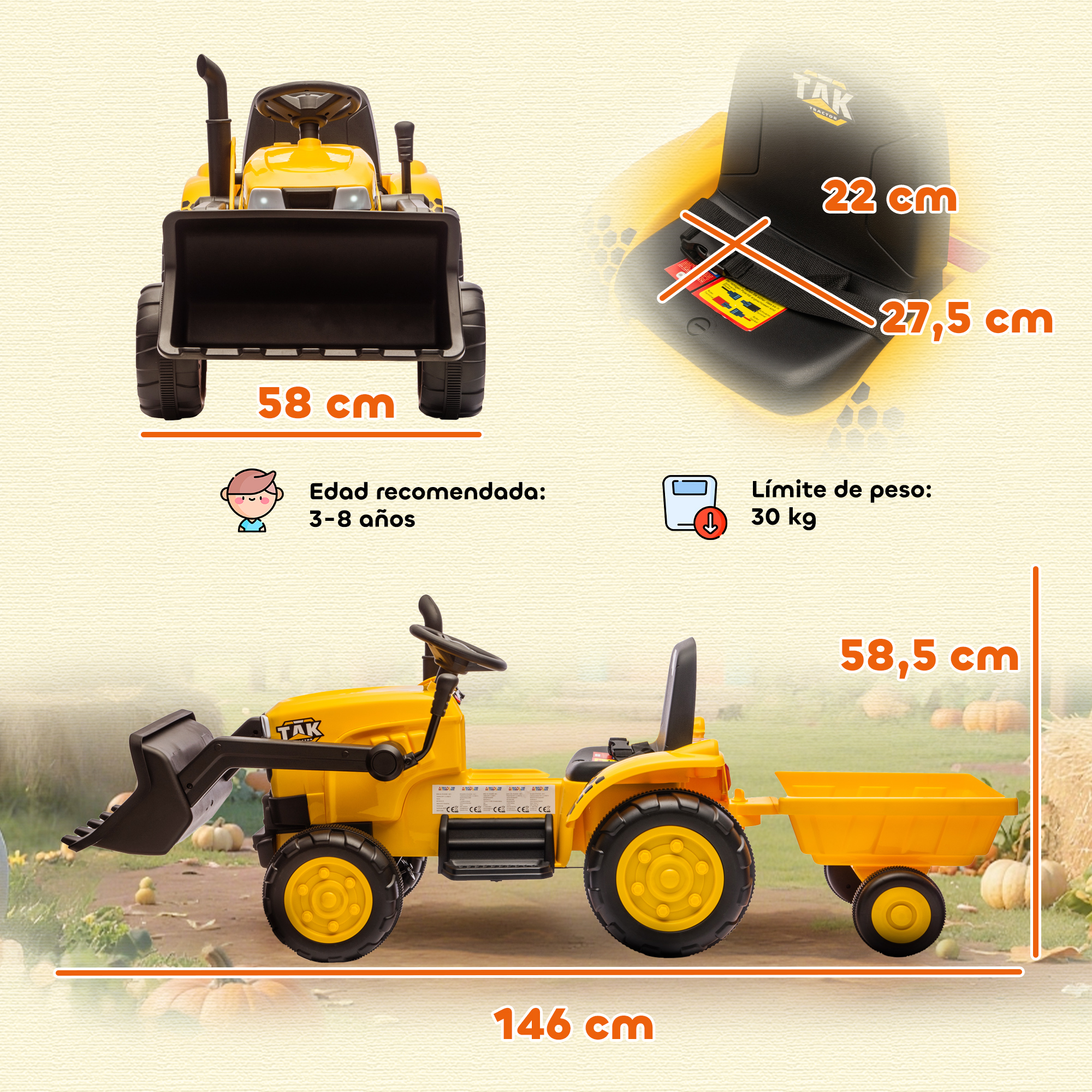 Tractor de juguete amarillo con pala frontal y remolque, se muestran medidas.