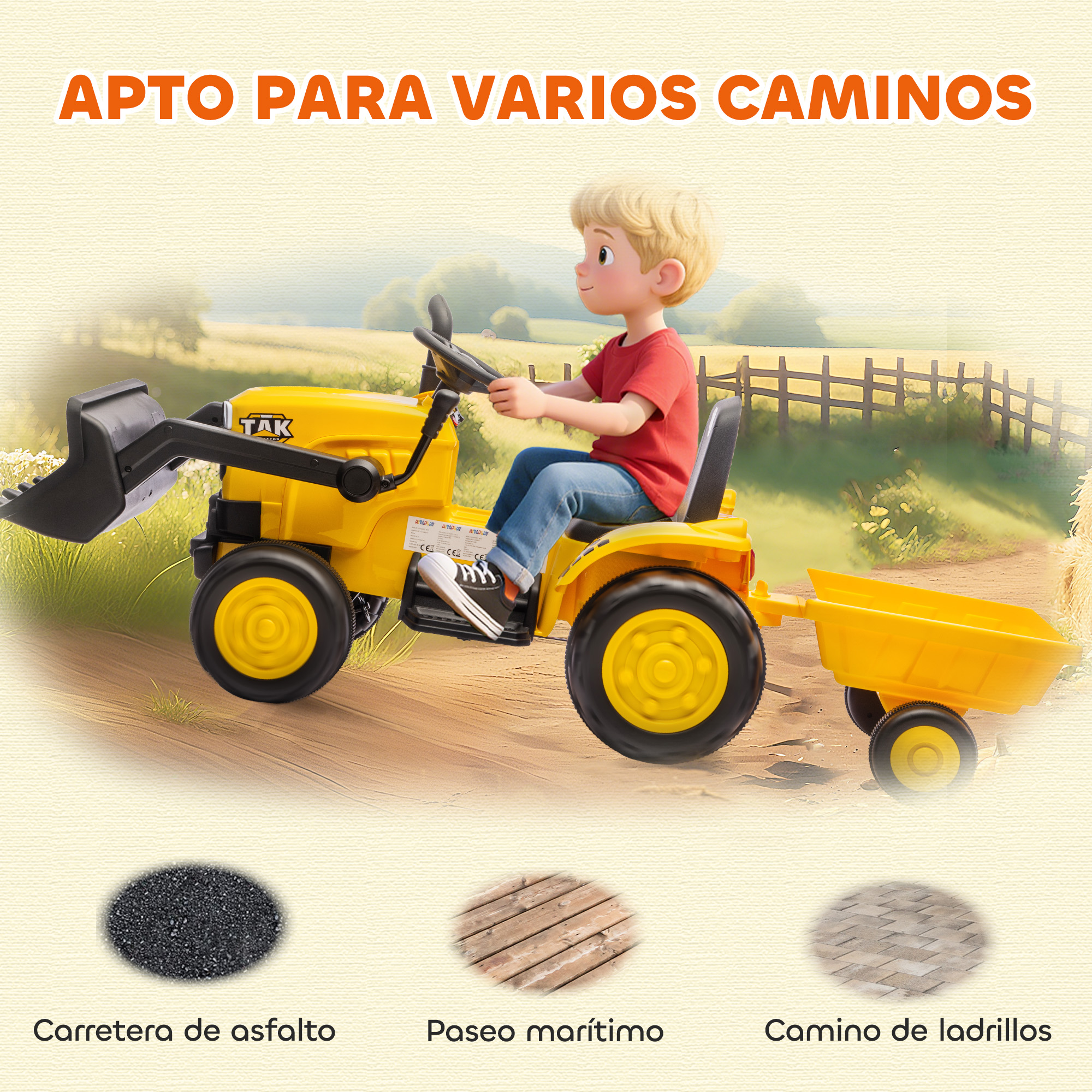Un niño conduce un tractor de juguete amarillo con remolque por un camino de tierra.