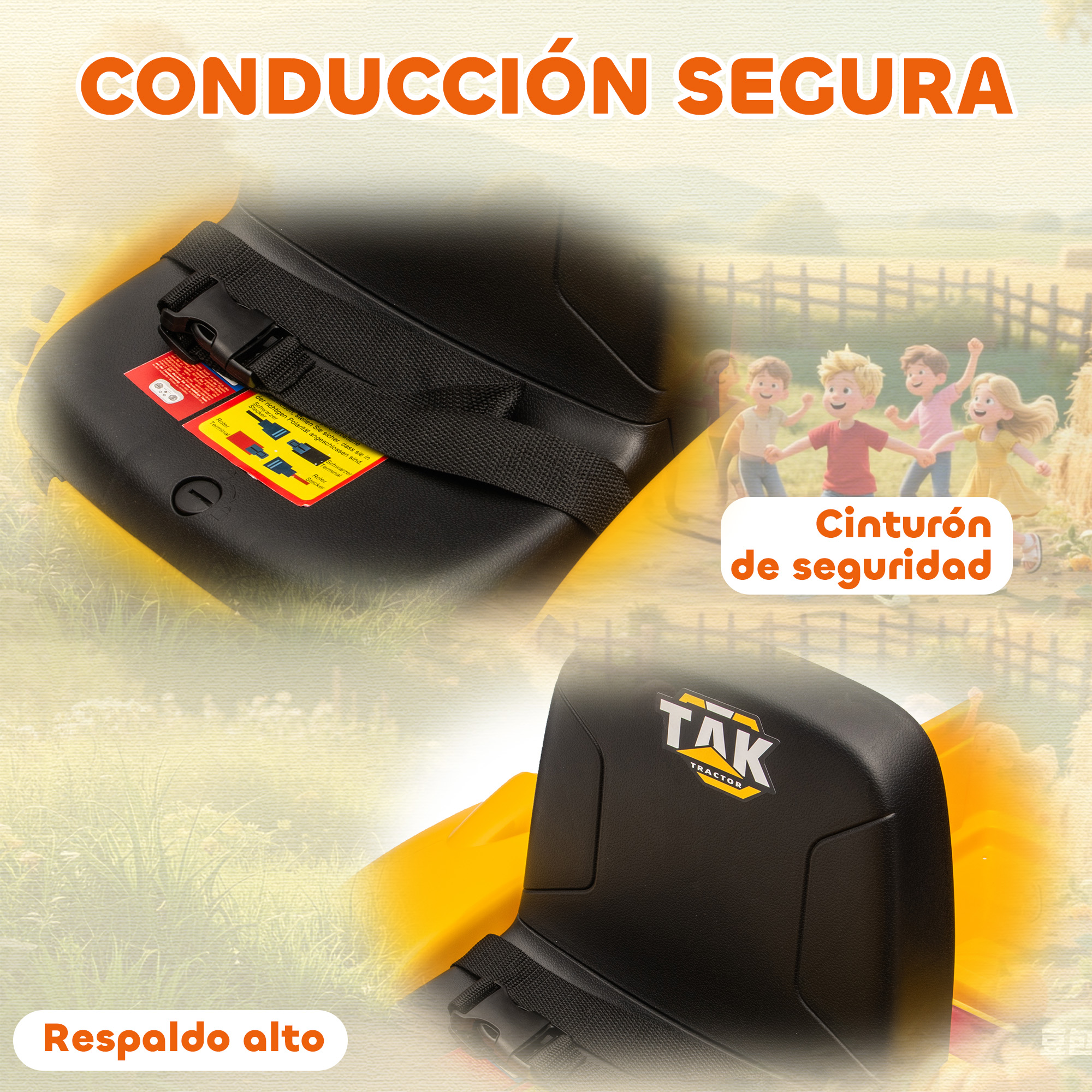 Cinturón de seguridad y respaldo alto para asiento infantil. Muestra niños detrás.