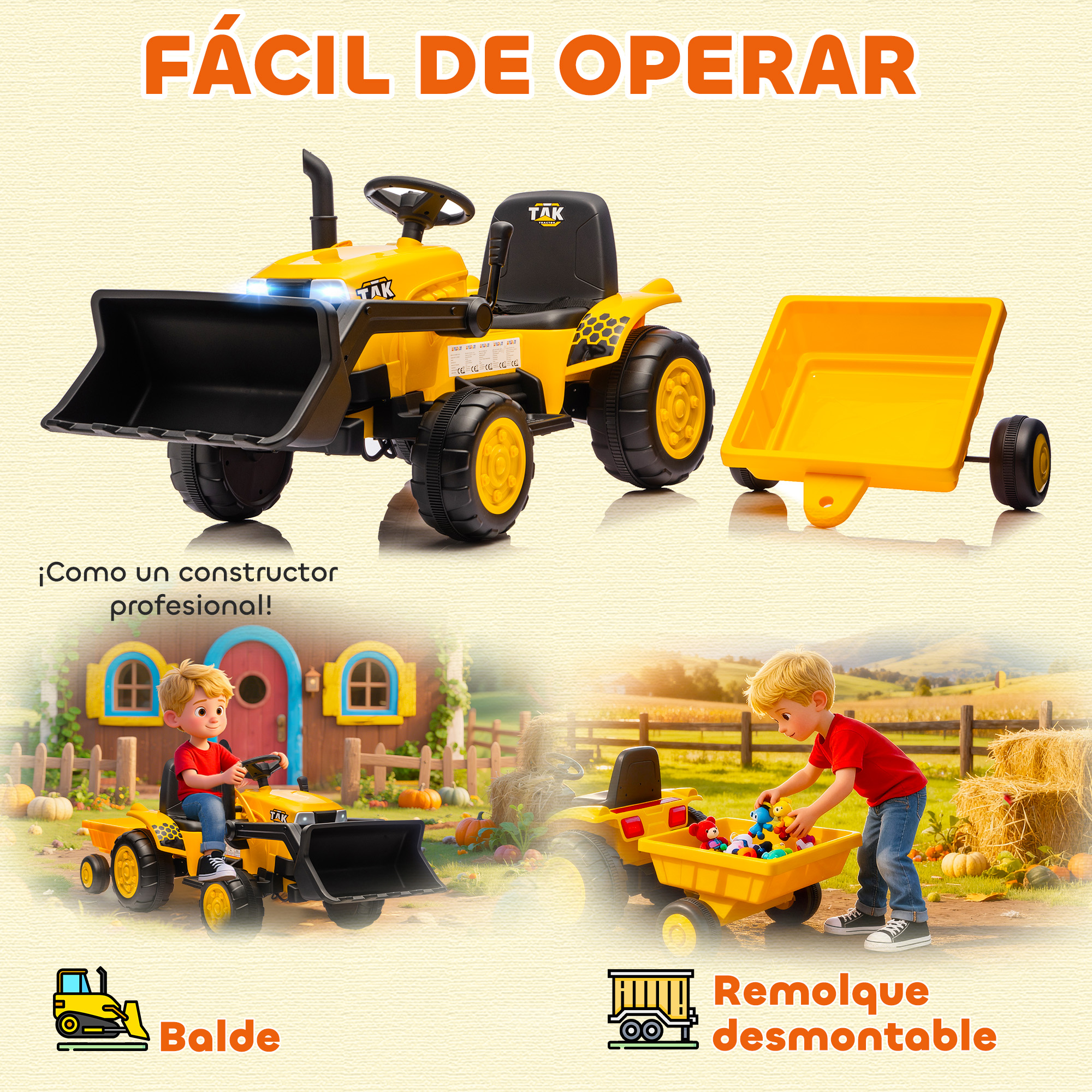 Un tractor de juguete amarillo con pala frontal y remolque, con niños.