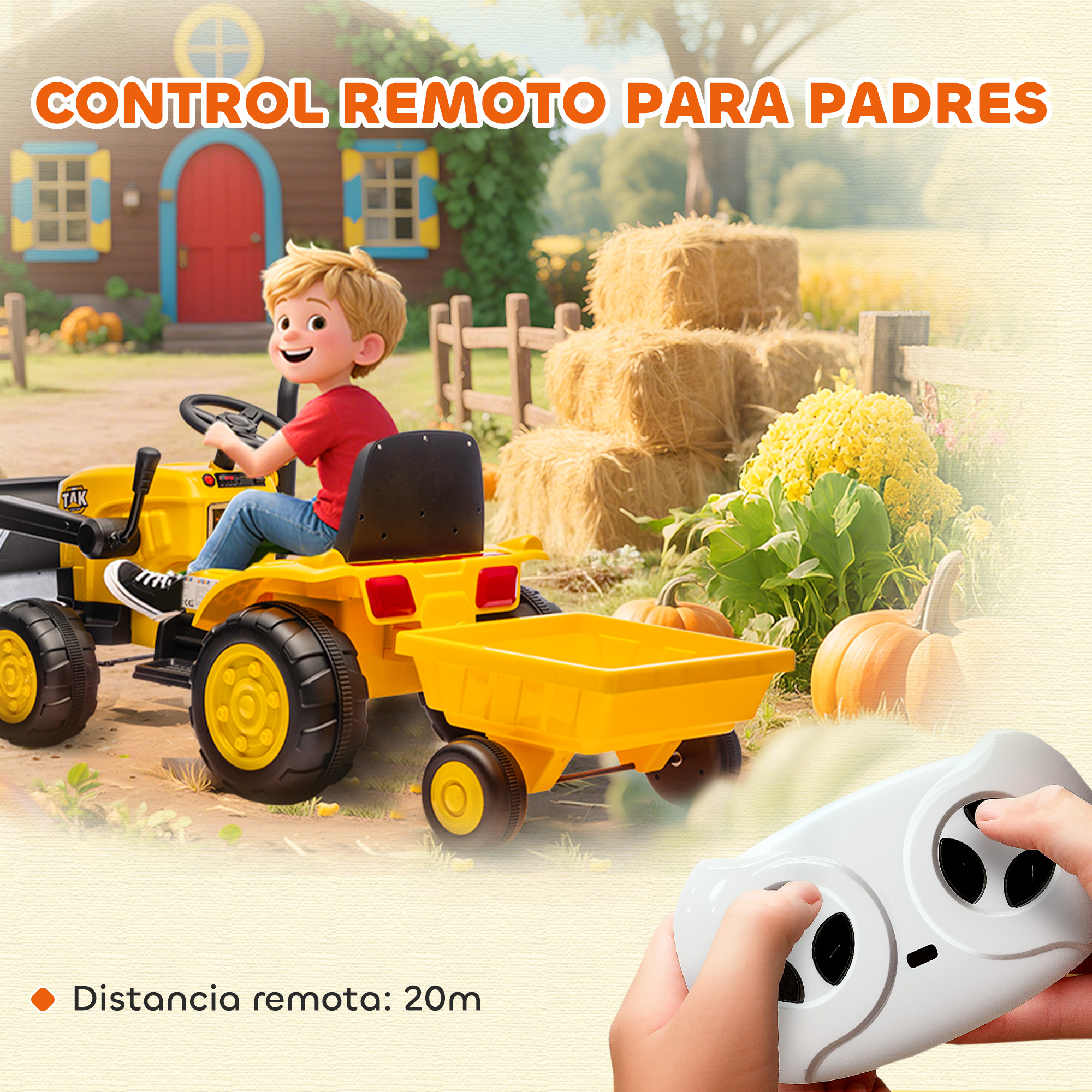 Un niño conduce un tractor de juguete amarillo frente a un granero con calabazas y pacas.