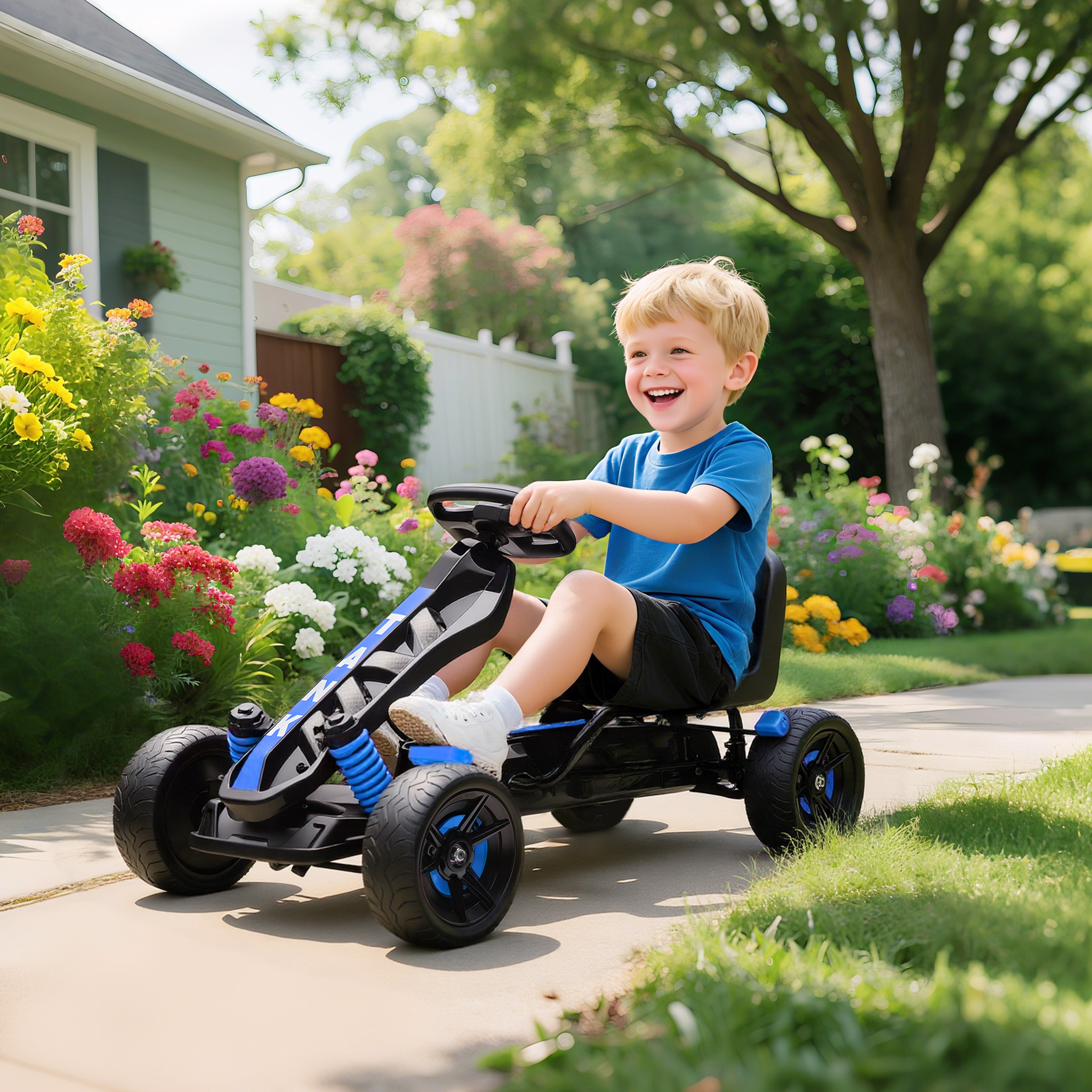 Un niño monta un go-kart azul y negro en una acera frente a una casa con flores.