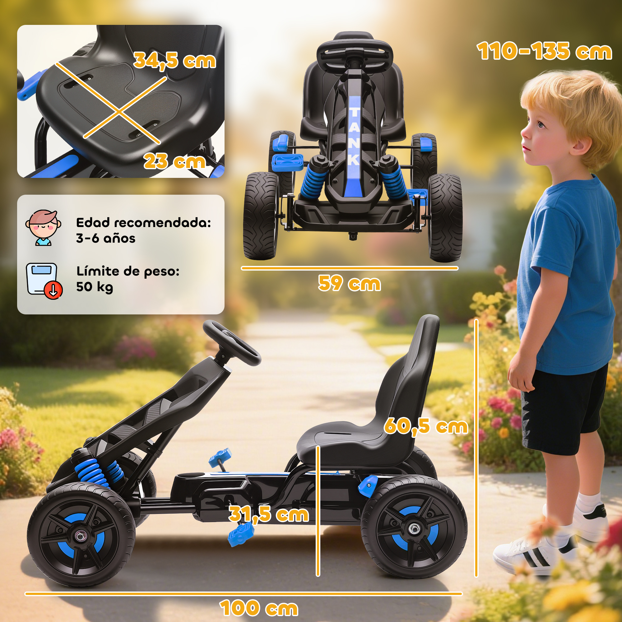 Un niño junto a un go-kart negro con detalles azules. Se muestran las dimensiones.
