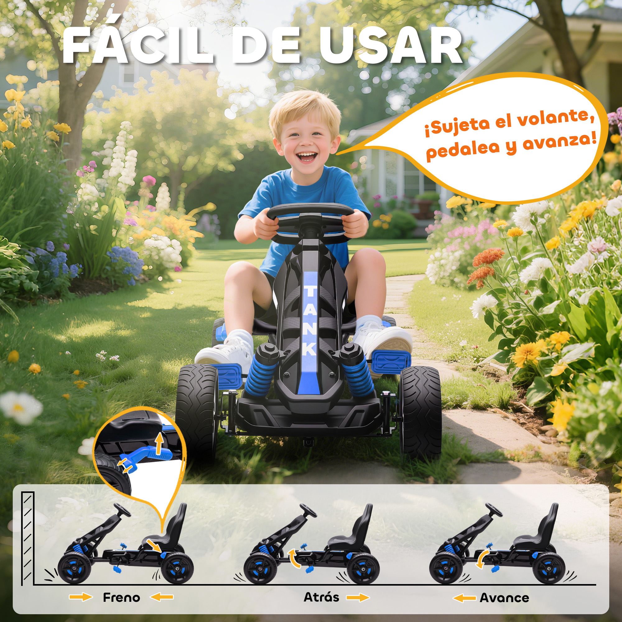 Un niño conduce un go-kart negro con detalles azules en un jardín. Instrucciones abajo.