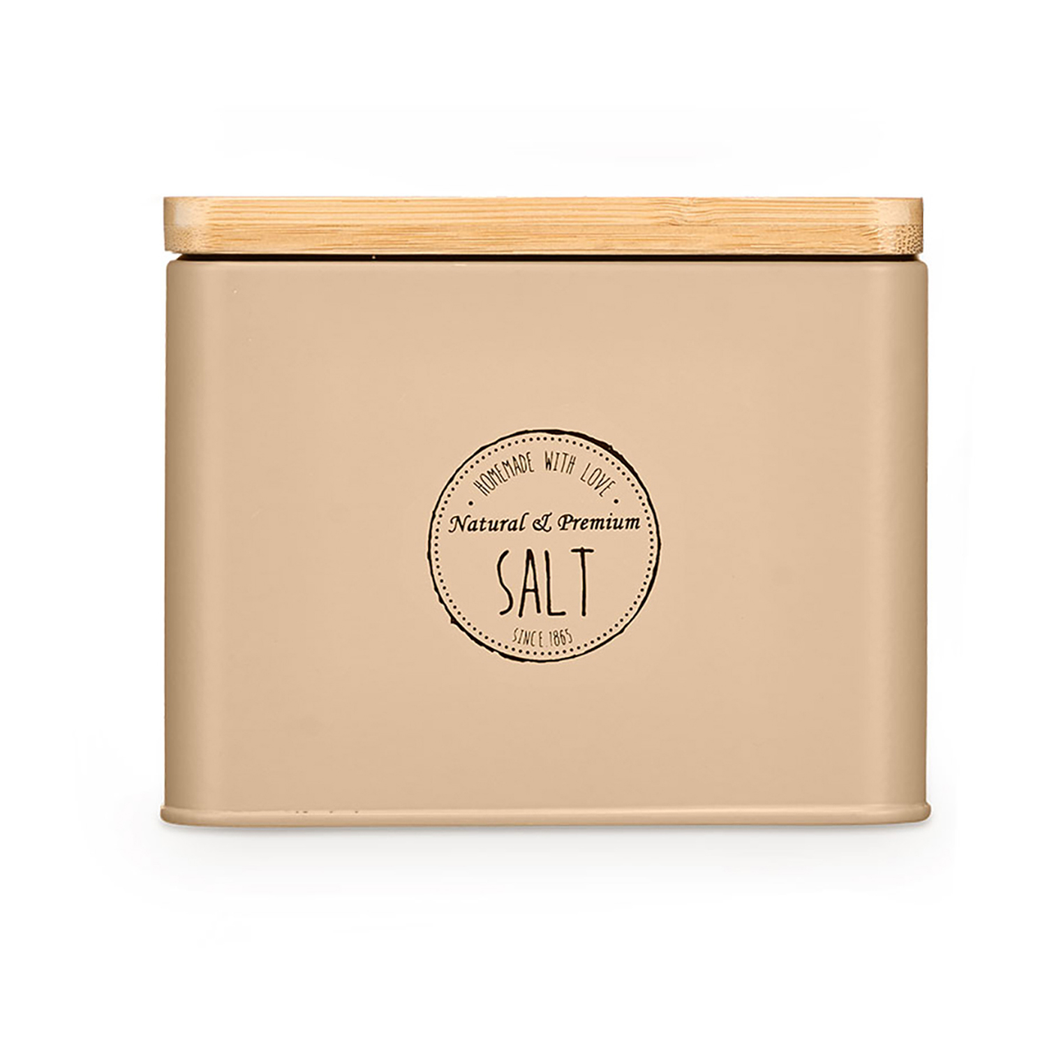 Beige Dose mit Holzdeckel, Aufschrift SALZ. Natural & Premium.